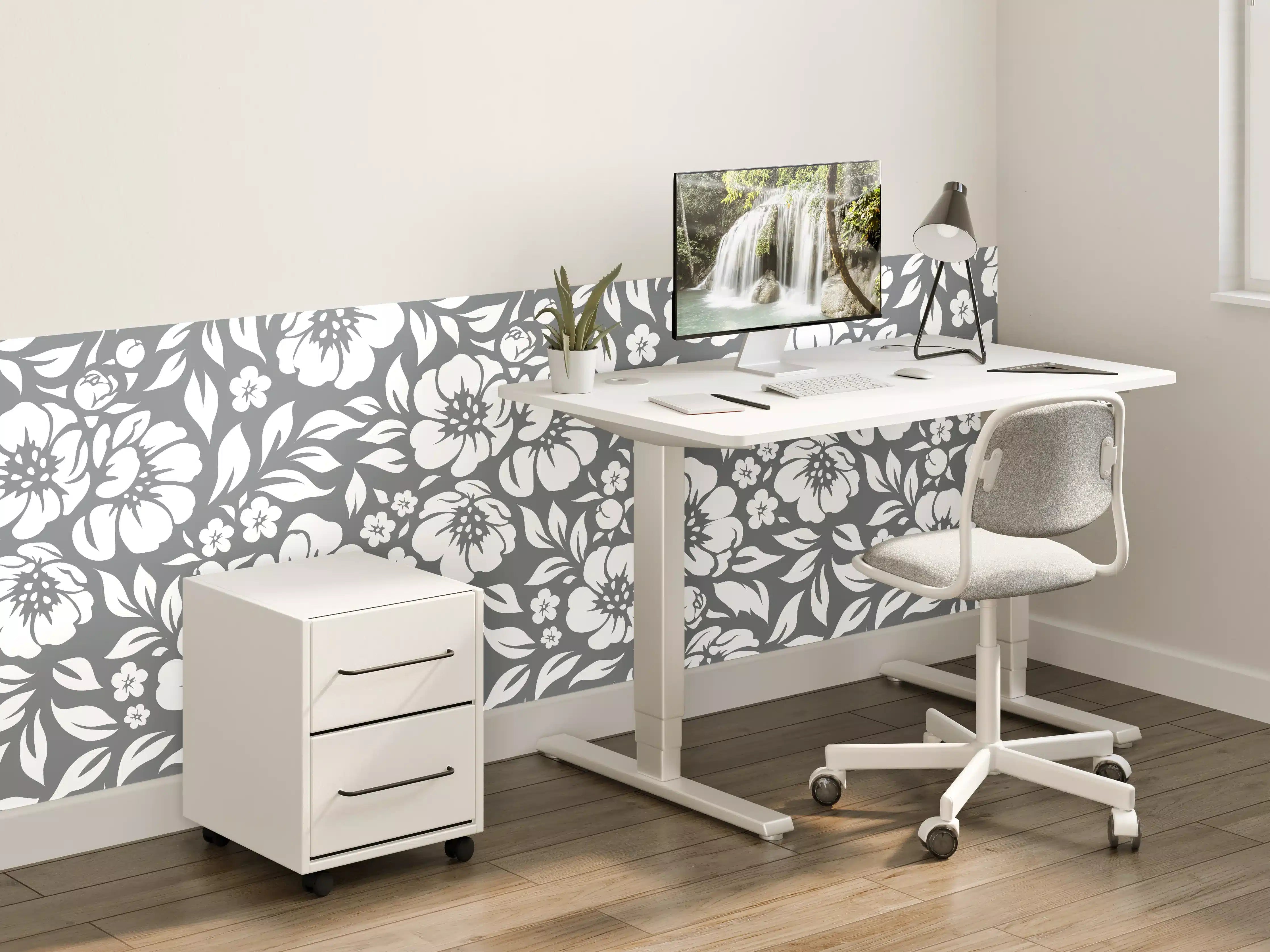 Kinderzimmer Wandgestaltung - Blumenmuster in Grau und Weiß