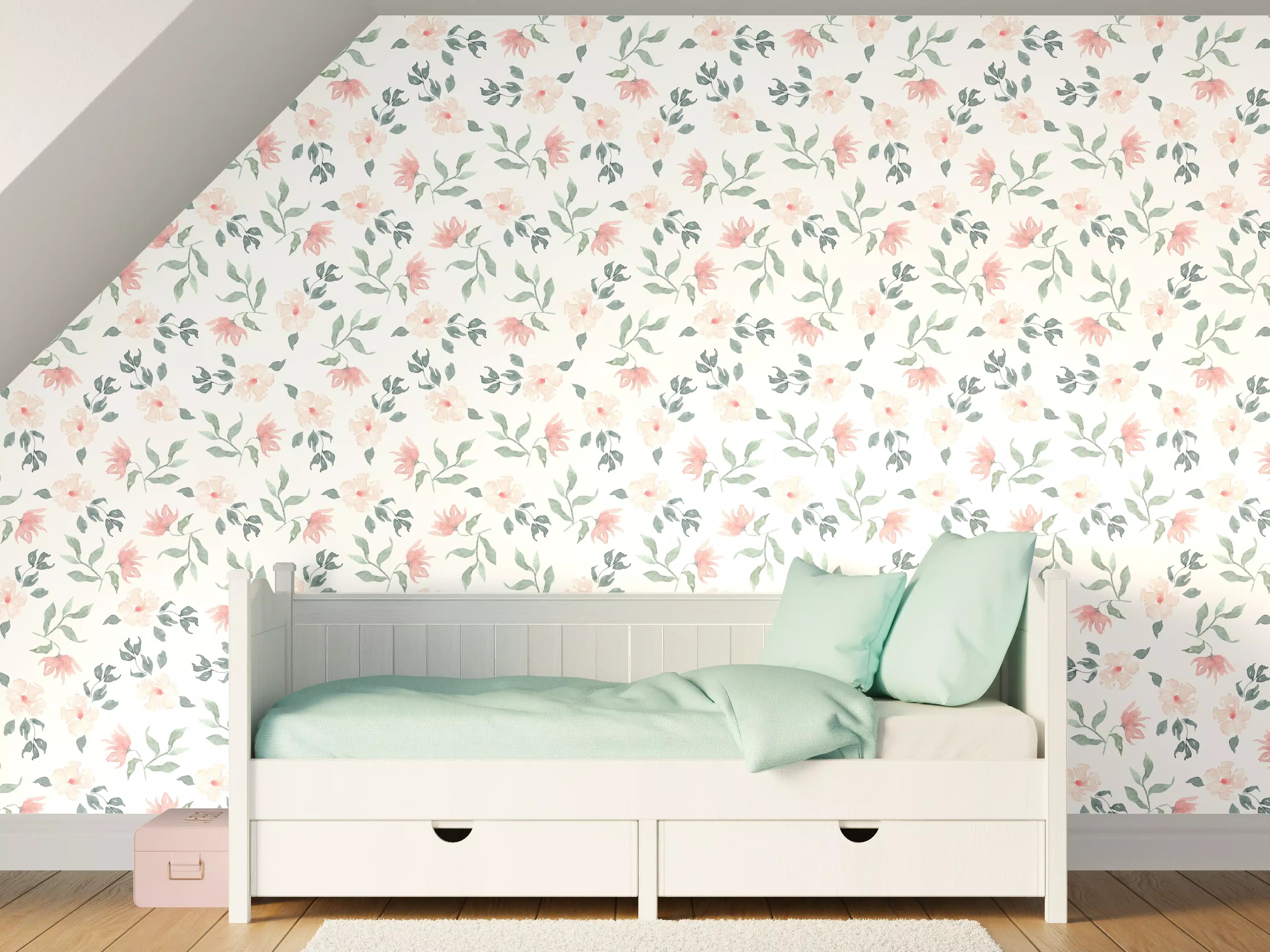 Kinderzimmer Wandgestaltung - Blumenmuster in zarten Pastellfarben