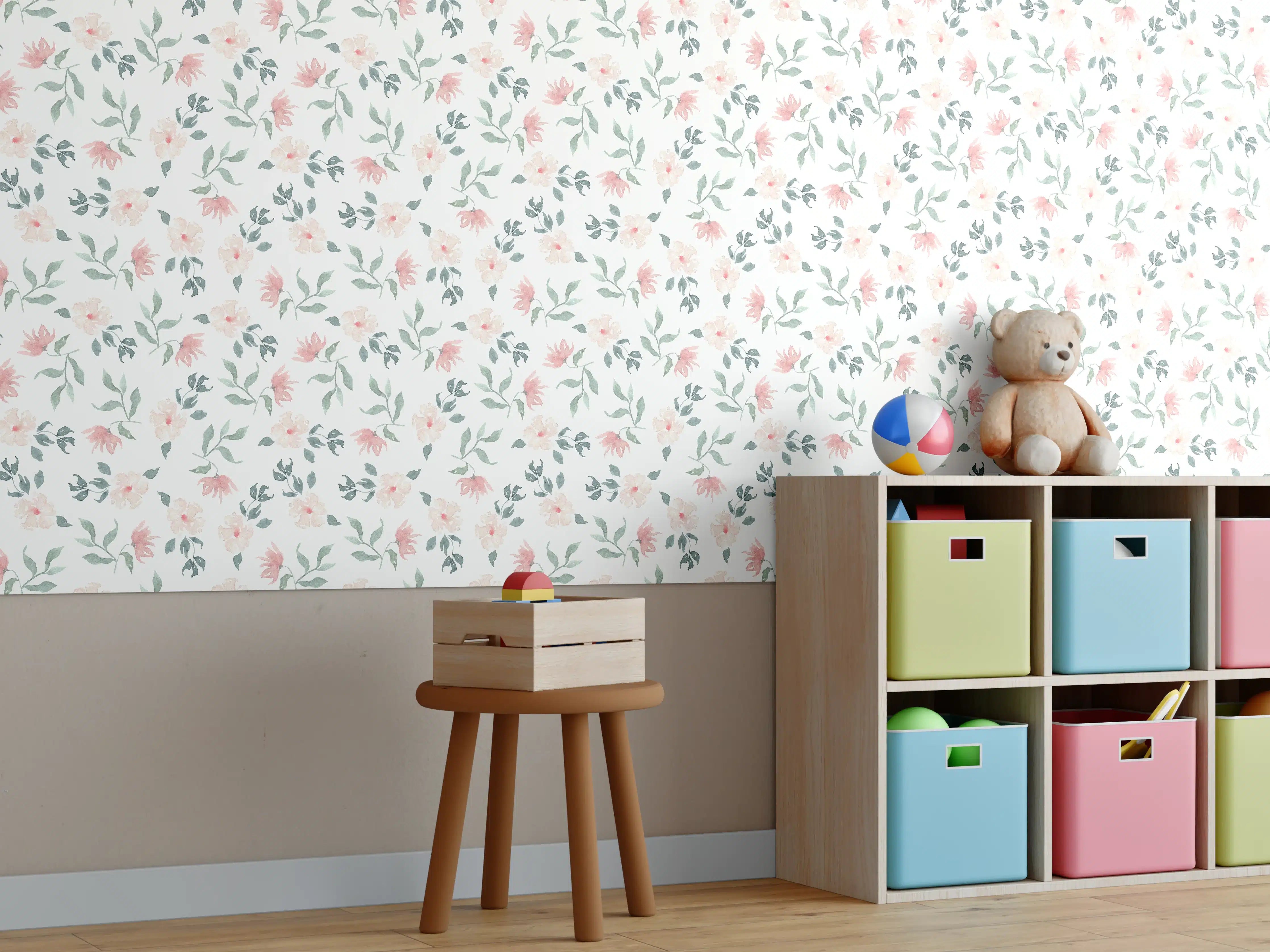 Kinderzimmer Wandgestaltung - Blumenmuster in zarten Pastellfarben