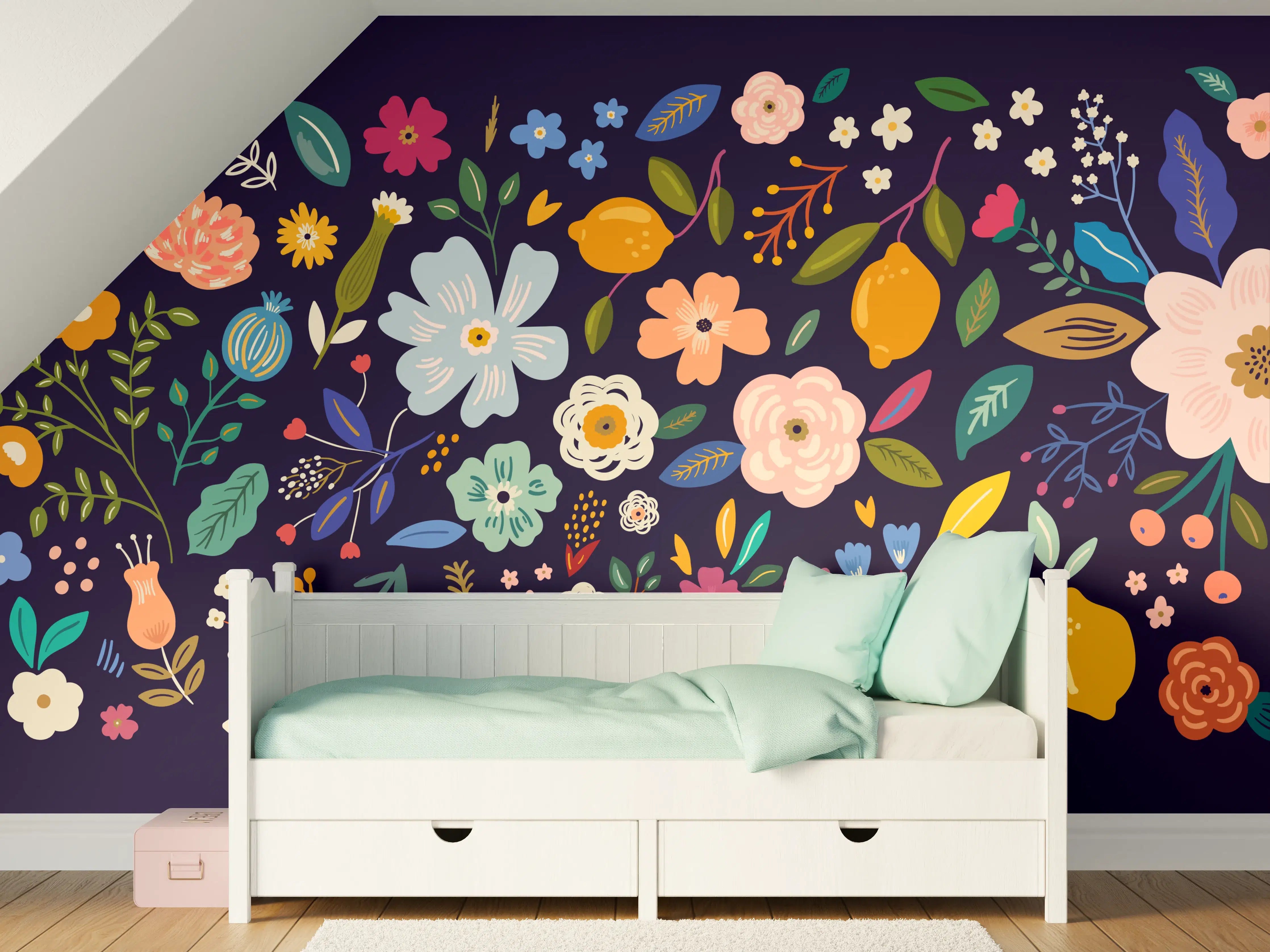 Kinderzimmer Wandgestaltung - Blumenmuster mit bunten Blüten auf dunklem Hintergrund