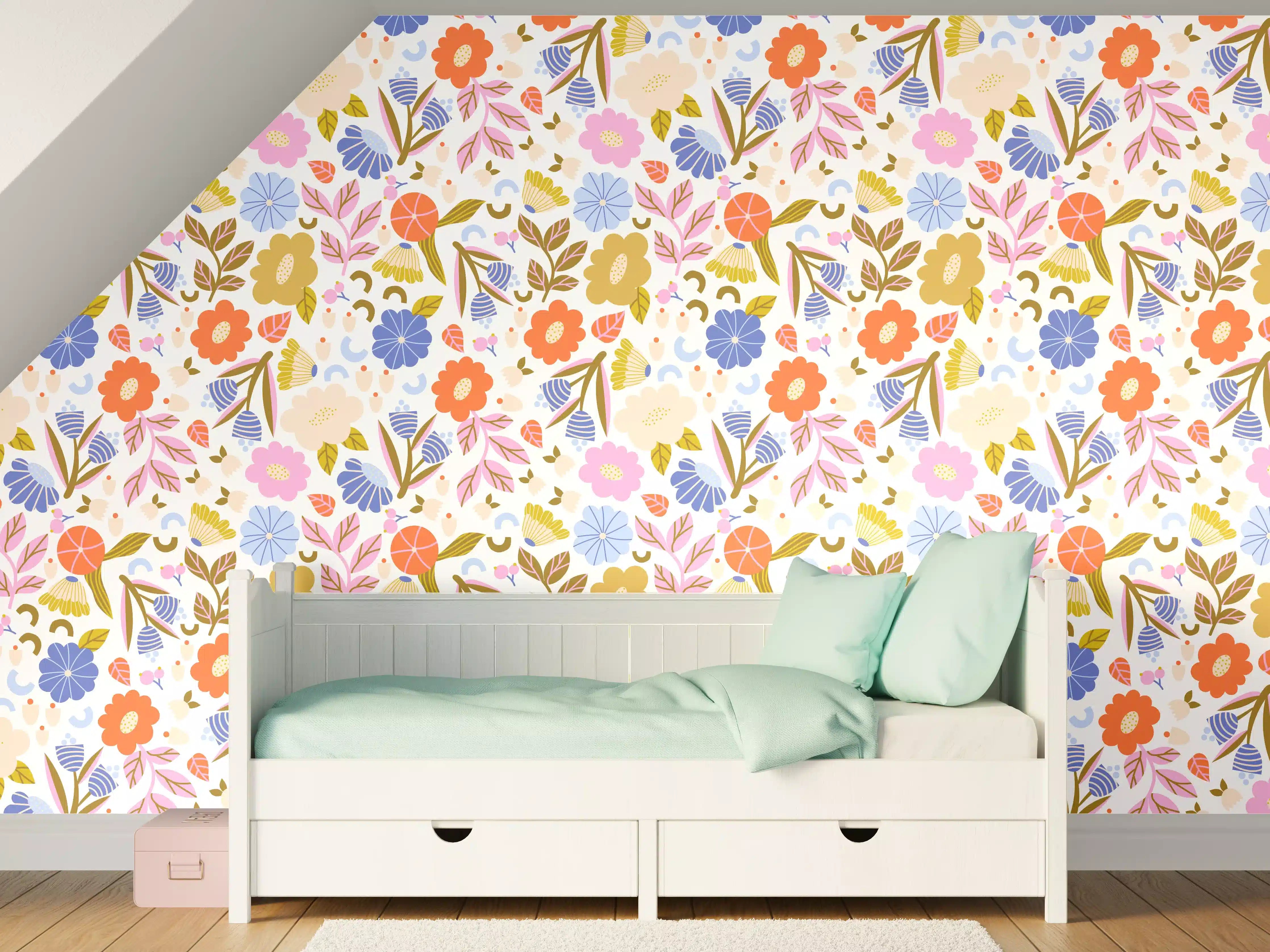 Kinderzimmer Wandgestaltung - Blumenmuster mit bunten Farben