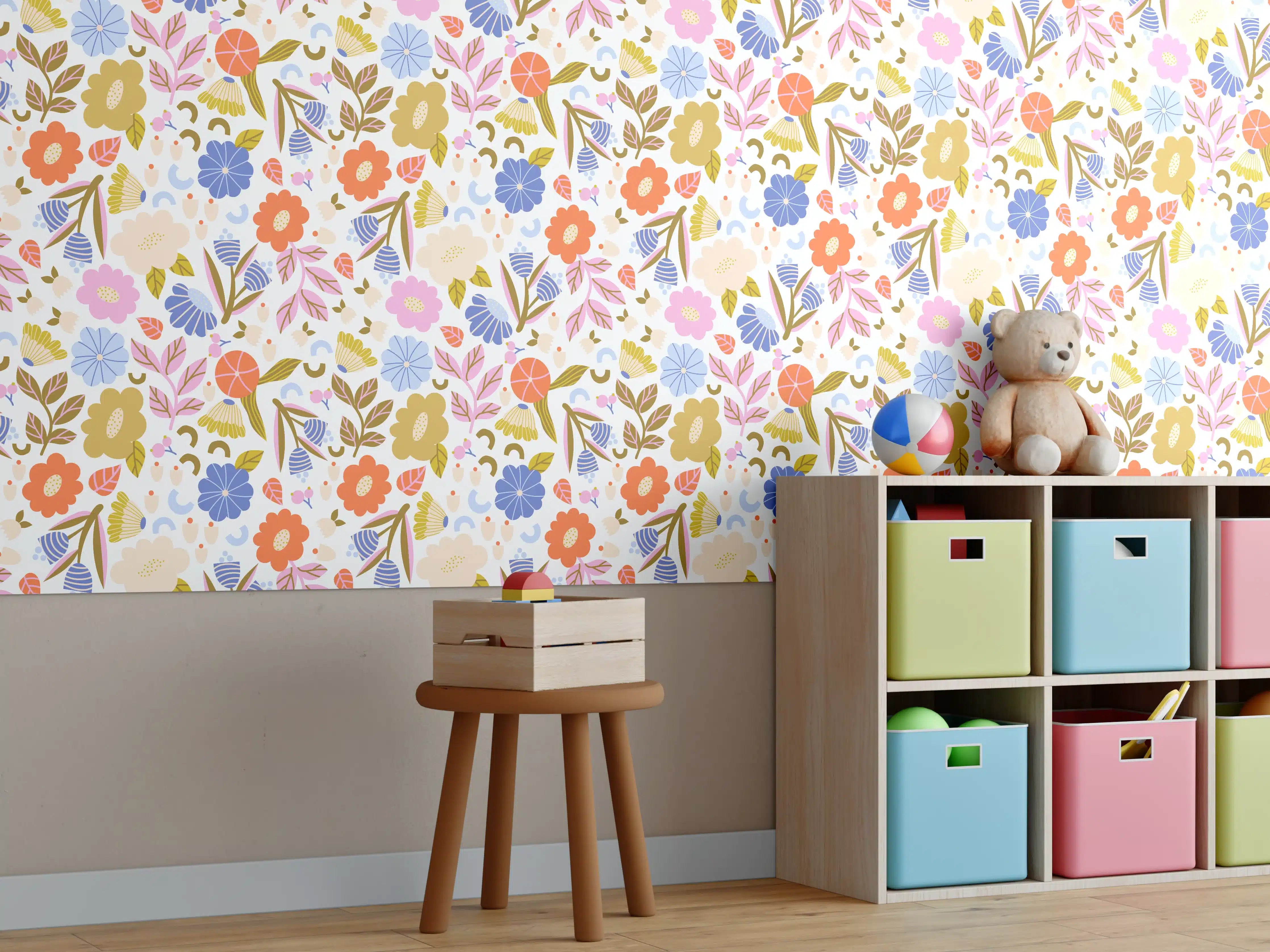 Kinderzimmer Wandgestaltung - Blumenmuster mit bunten Farben