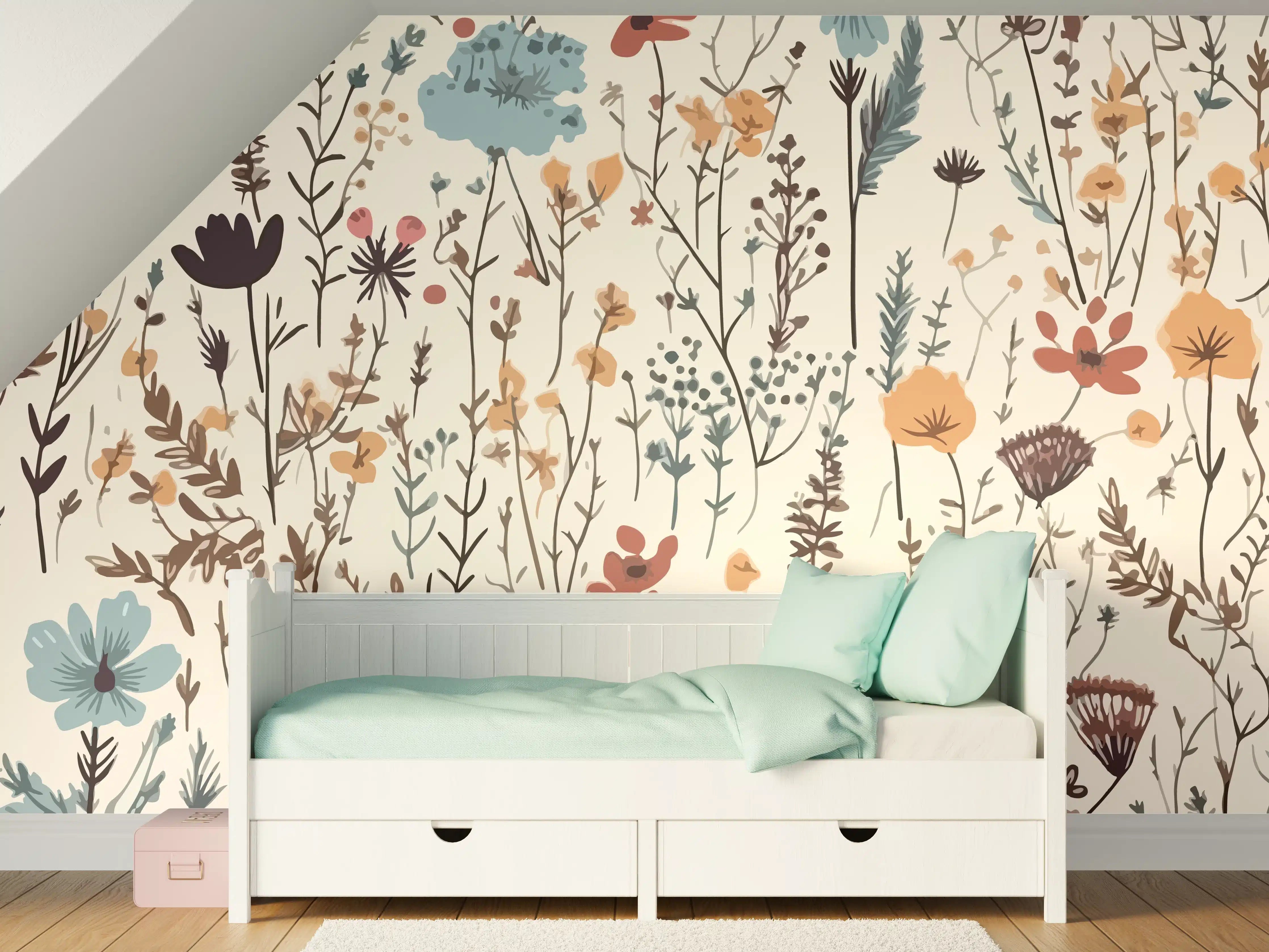 Kinderzimmer Wandgestaltung - Blumenmuster mit zarten Farbtönen