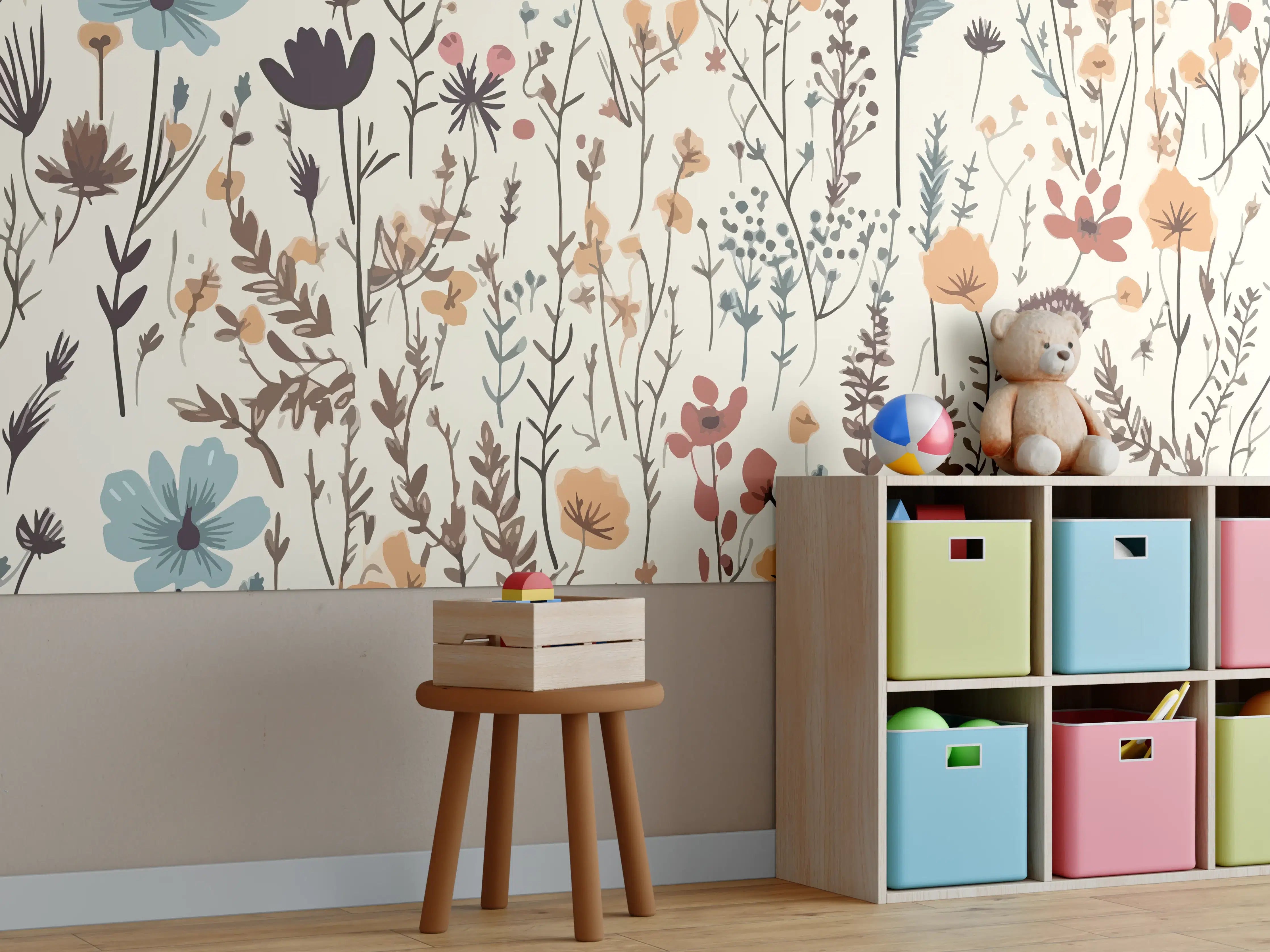 Kinderzimmer Wandgestaltung - Blumenmuster mit zarten Farbtönen