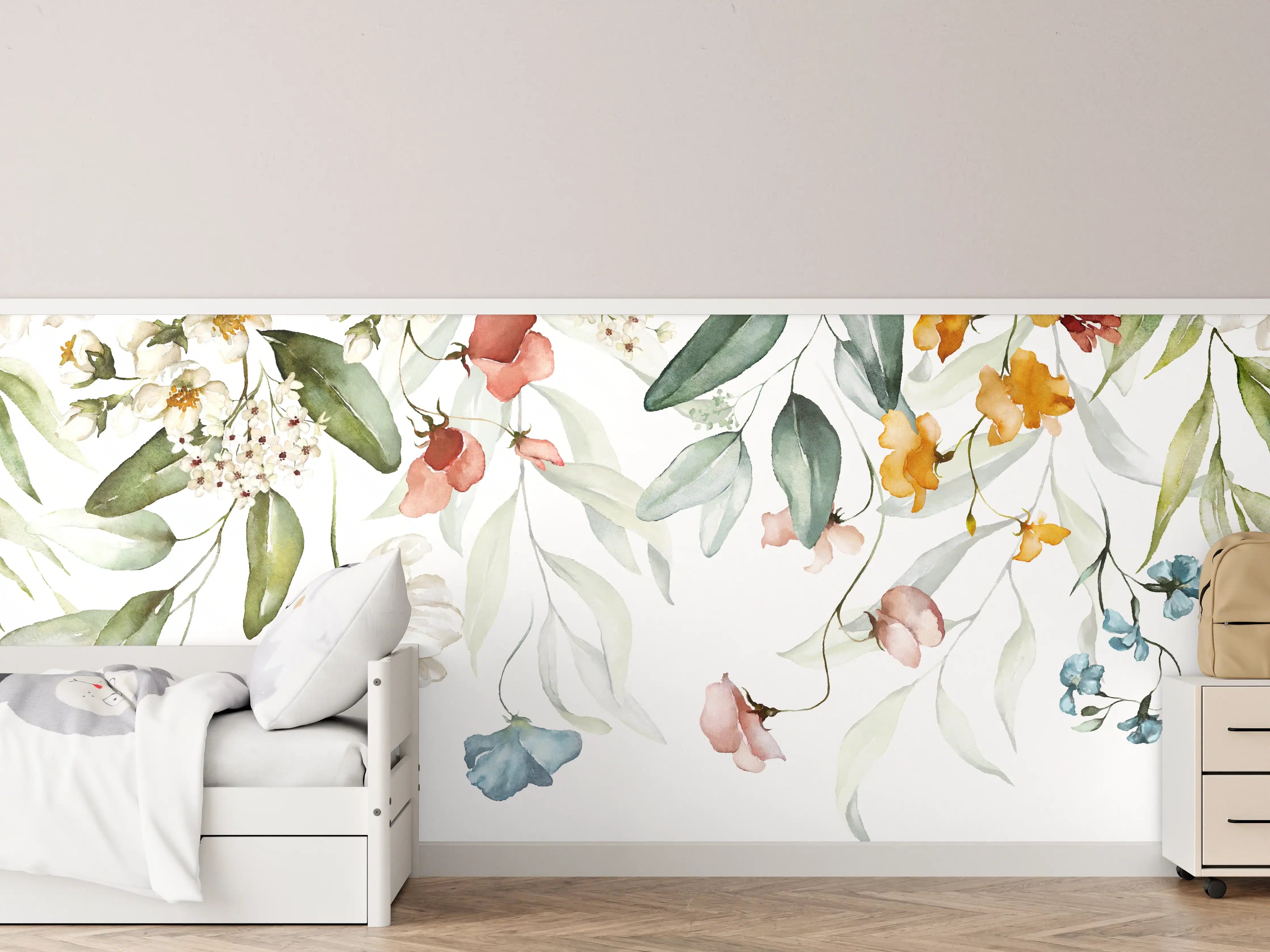 Kinderzimmer Wandgestaltung - Blumenstrauß-Bordüre auf weißem Grund