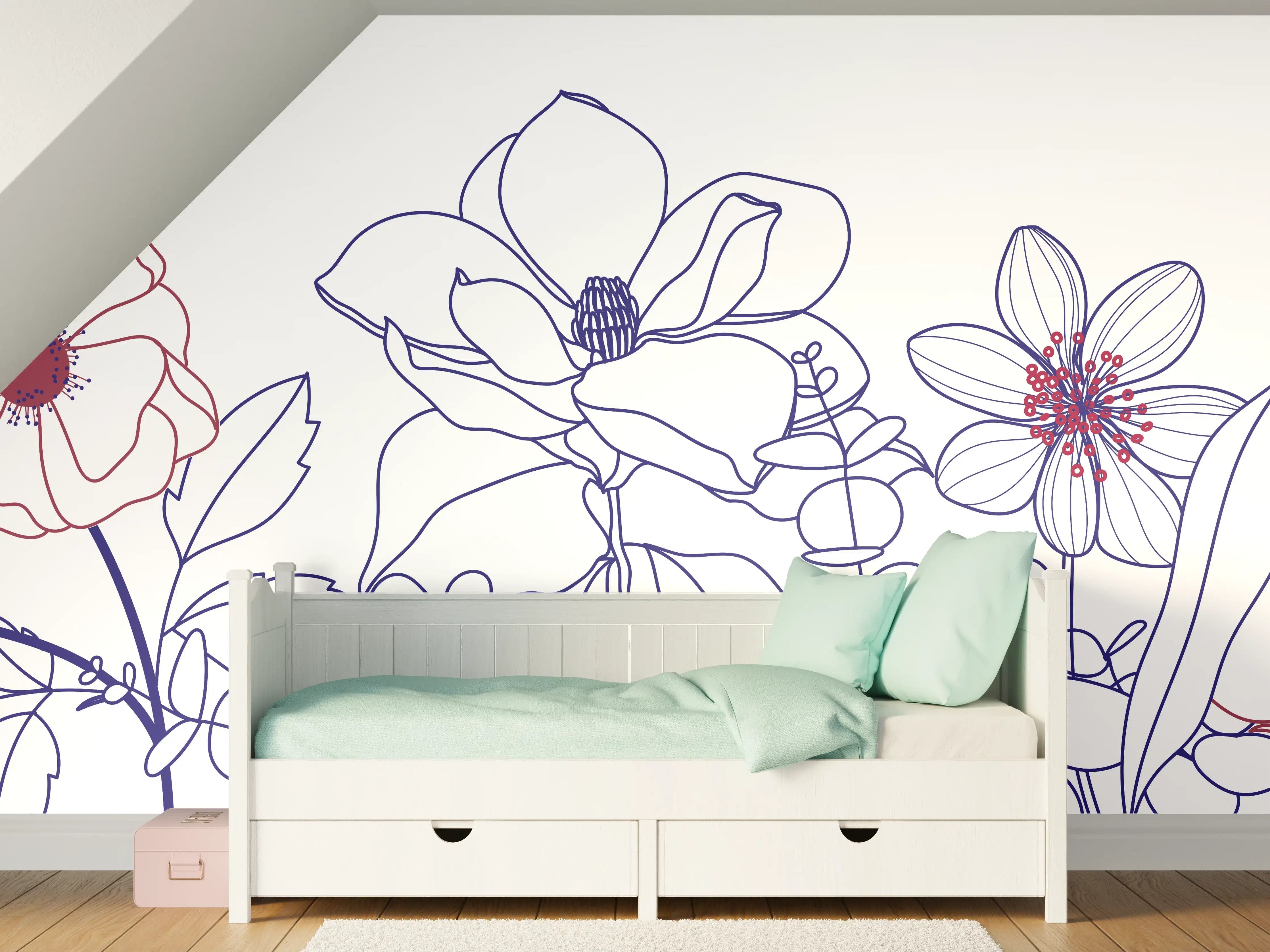 Kinderzimmer Wandgestaltung - Blumenstrauß Linienzeichnung Wanddekor
