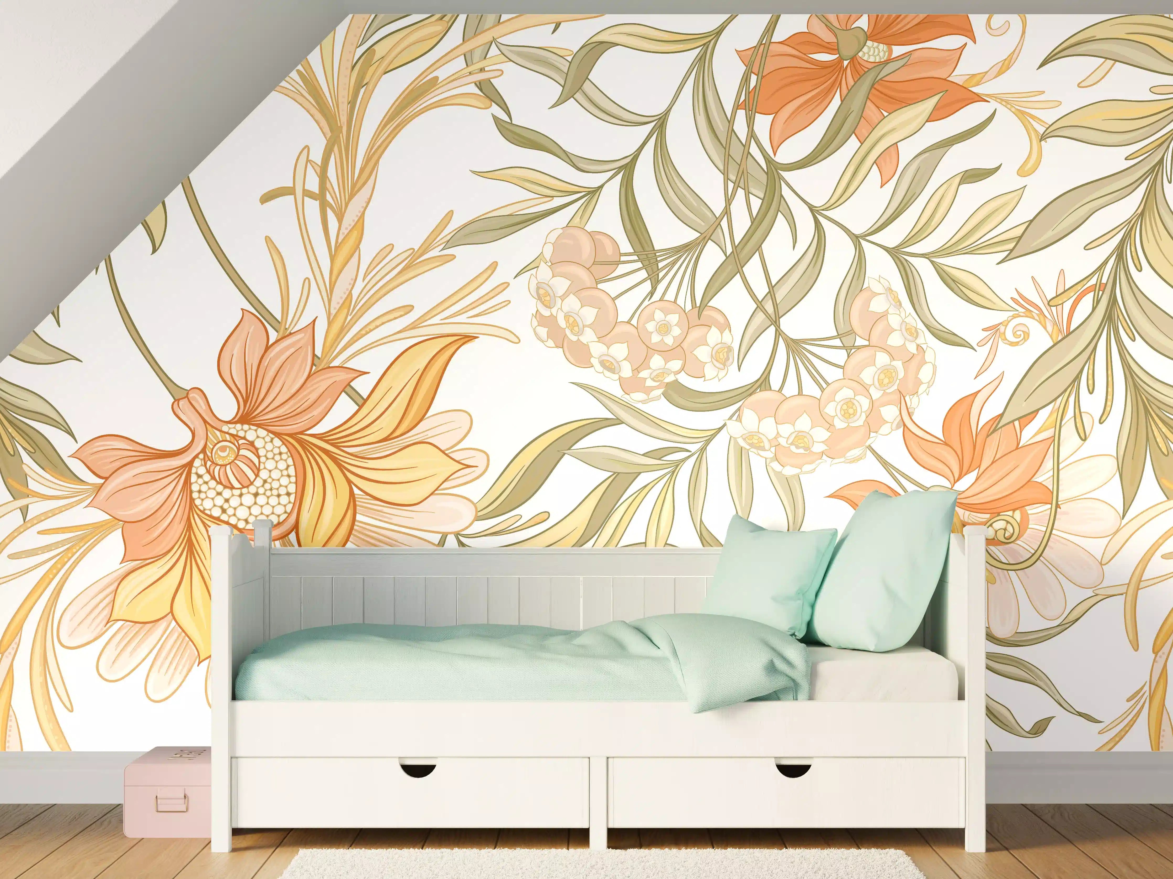 Kinderzimmer Wandgestaltung - Blumiges Muster in warmen Tönen