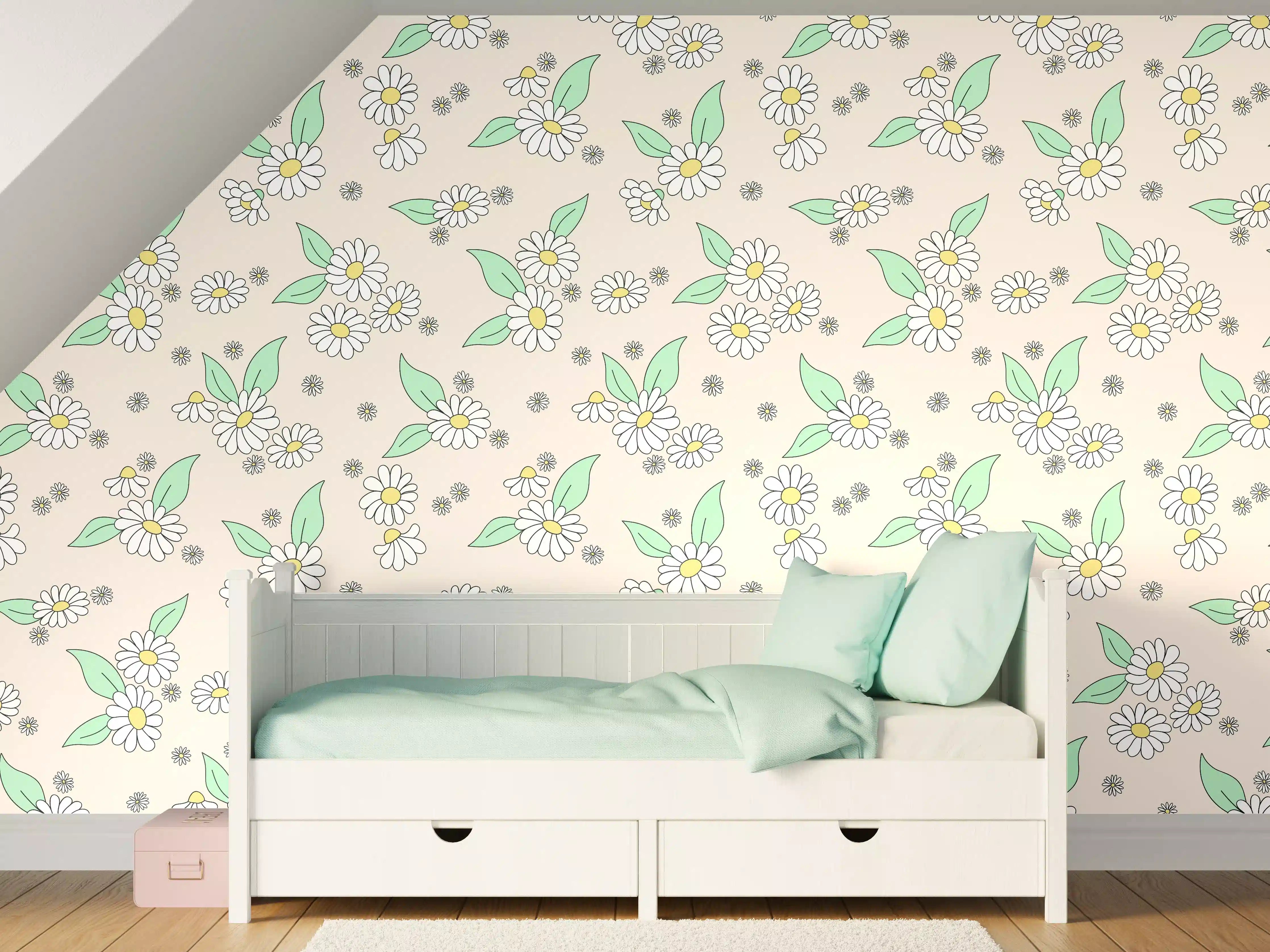 Kinderzimmer Wandgestaltung - Blumiges Muster mit weißen Gänseblümchen