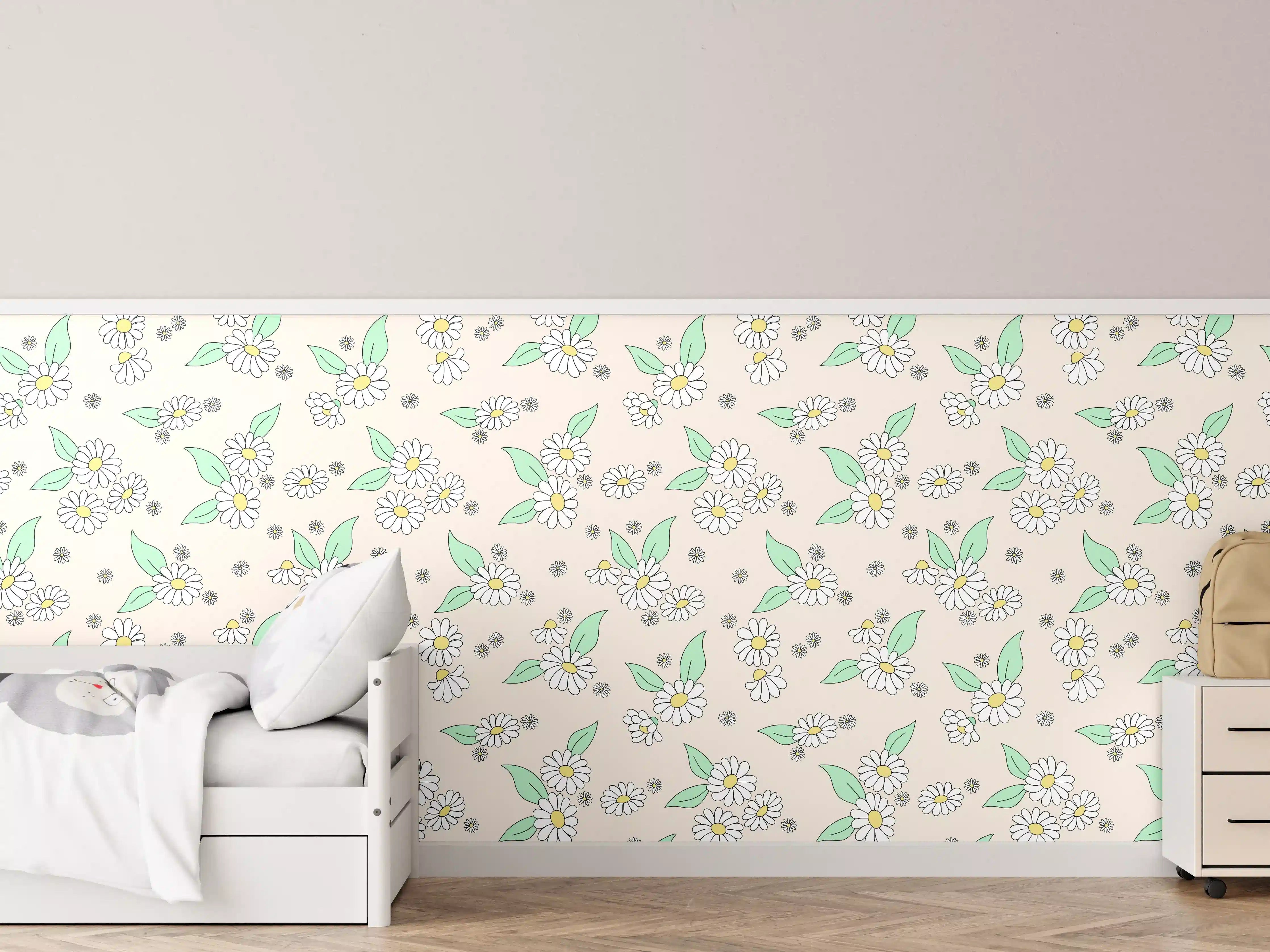 Kinderzimmer Wandgestaltung - Blumiges Muster mit weißen Gänseblümchen