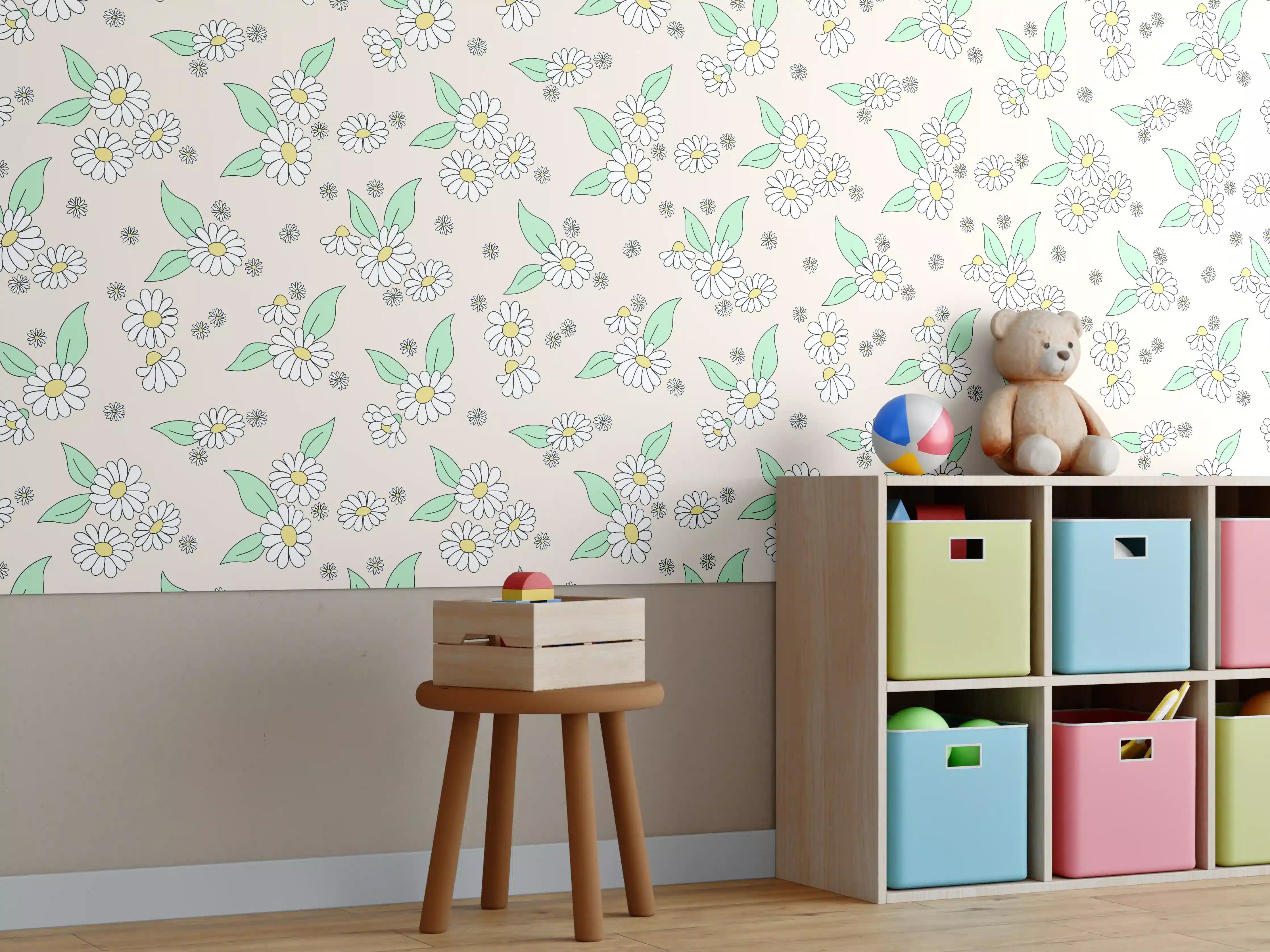 Kinderzimmer Wandgestaltung - Blumiges Muster mit weißen Gänseblümchen