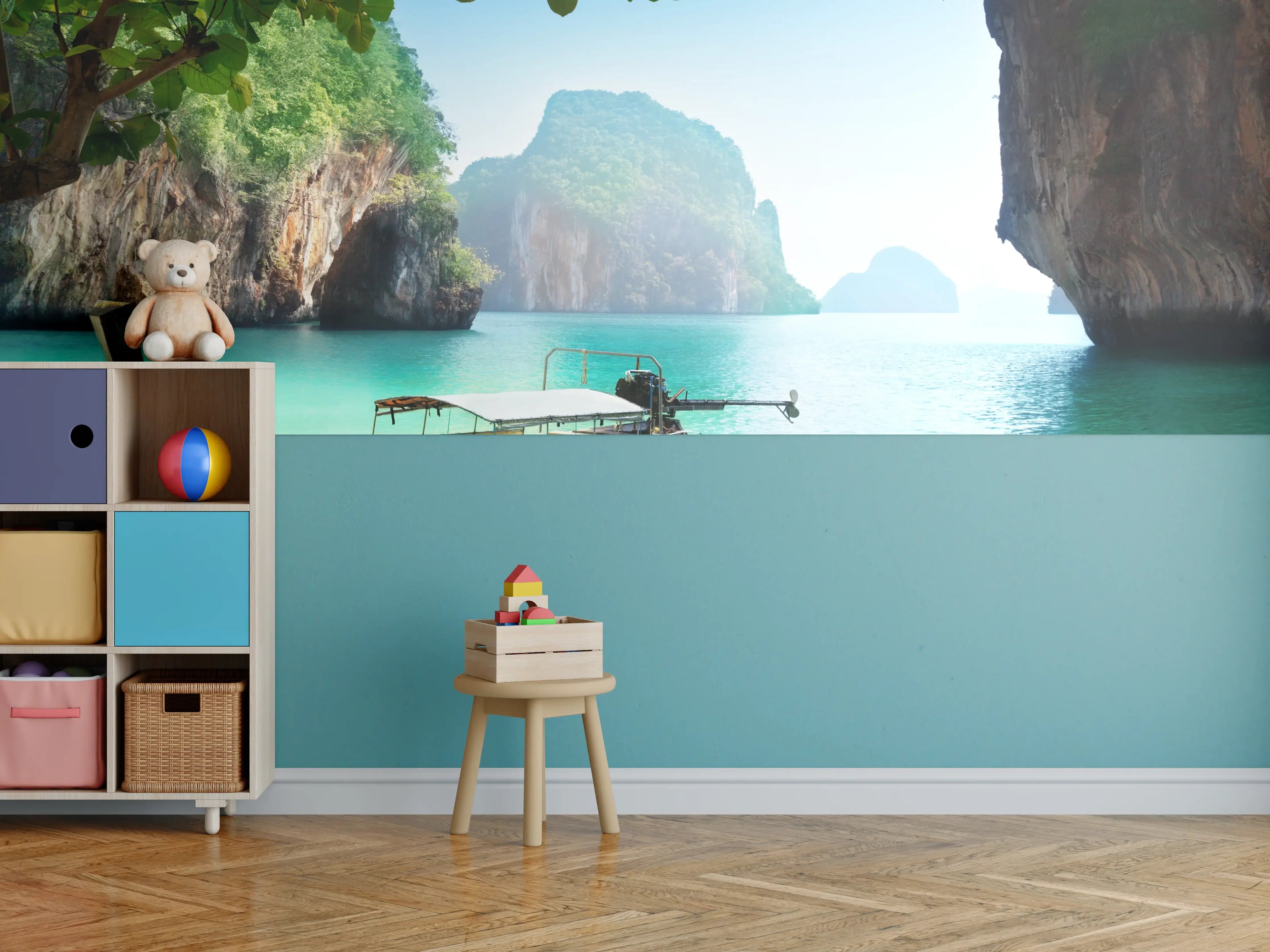 Kinderzimmer Wandgestaltung - Boot auf kleiner Insel in Thailand