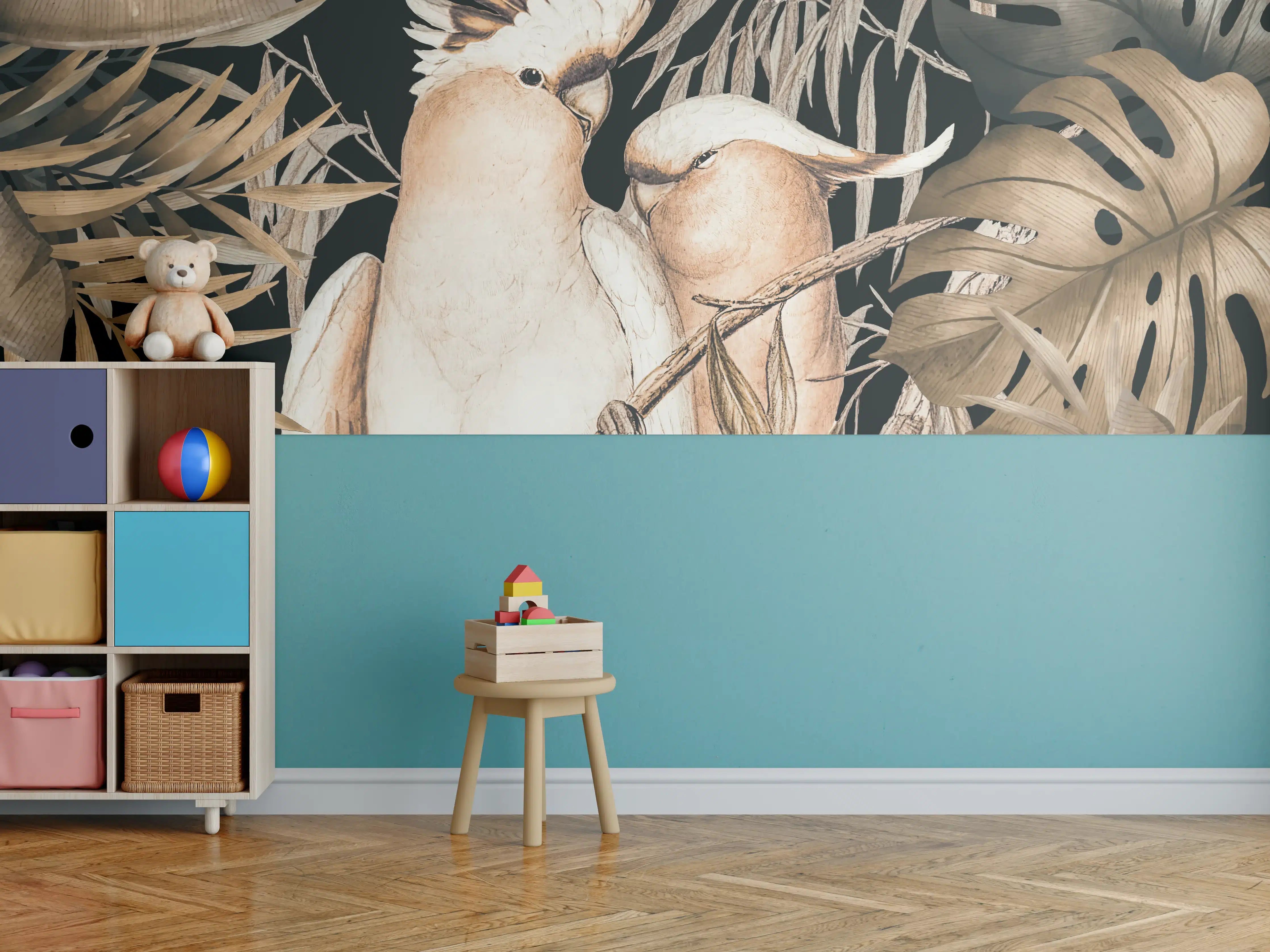 Kinderzimmer Wandgestaltung - Bräunliche Kakadus Malerei