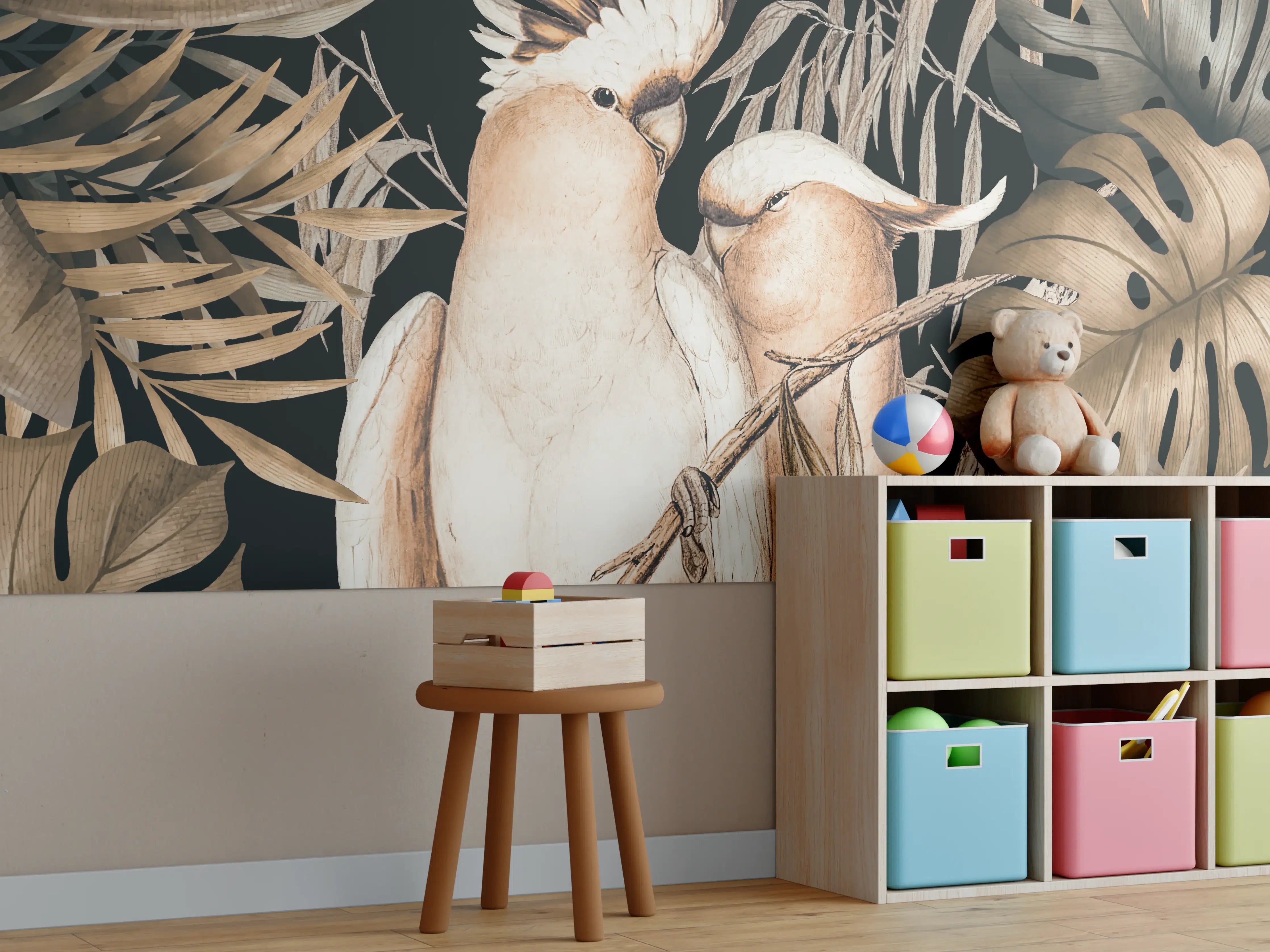 Kinderzimmer Wandgestaltung - Bräunliche Kakadus Malerei