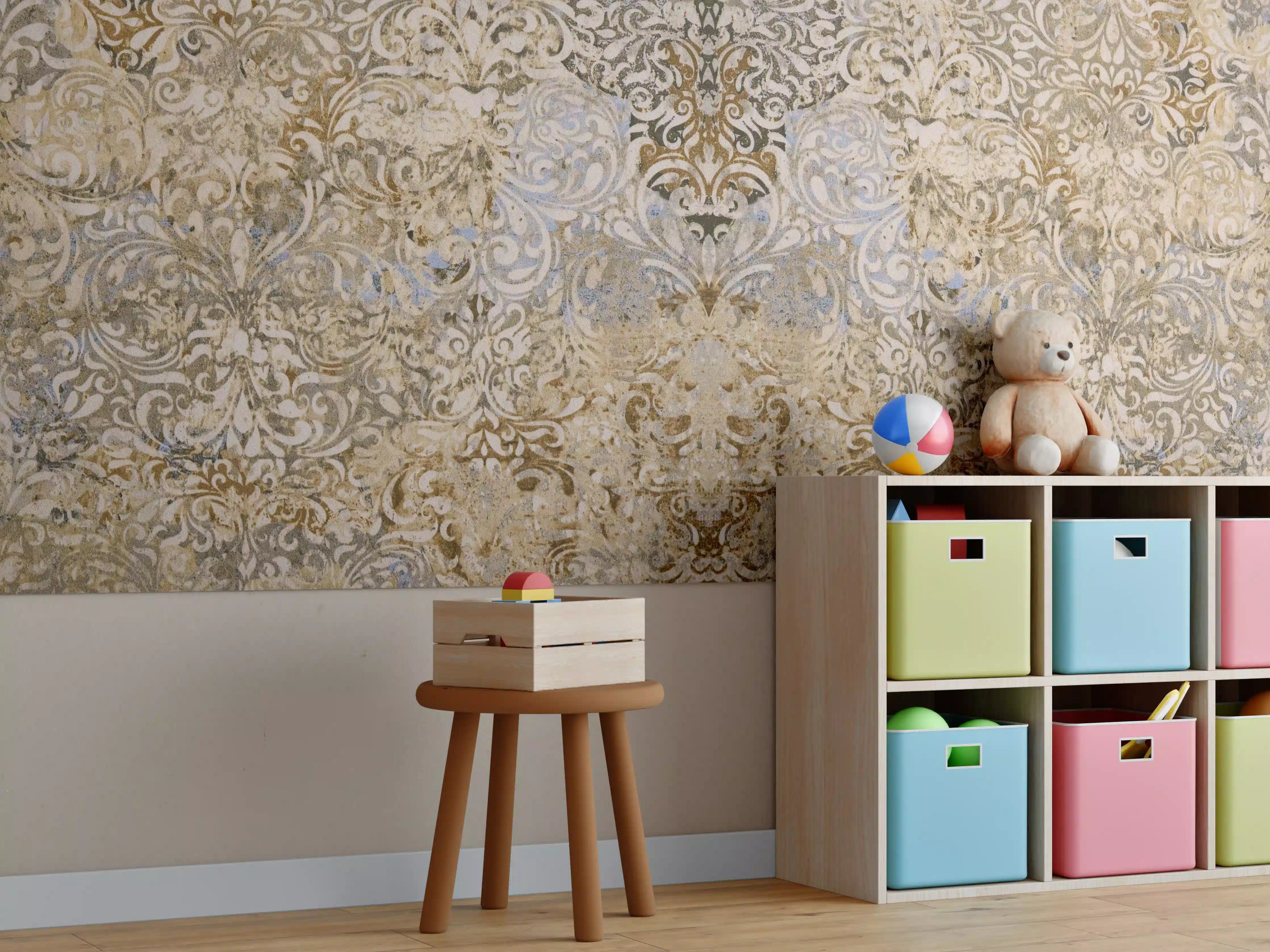 Kinderzimmer Wandgestaltung - Bräunliche Vintage Tapete