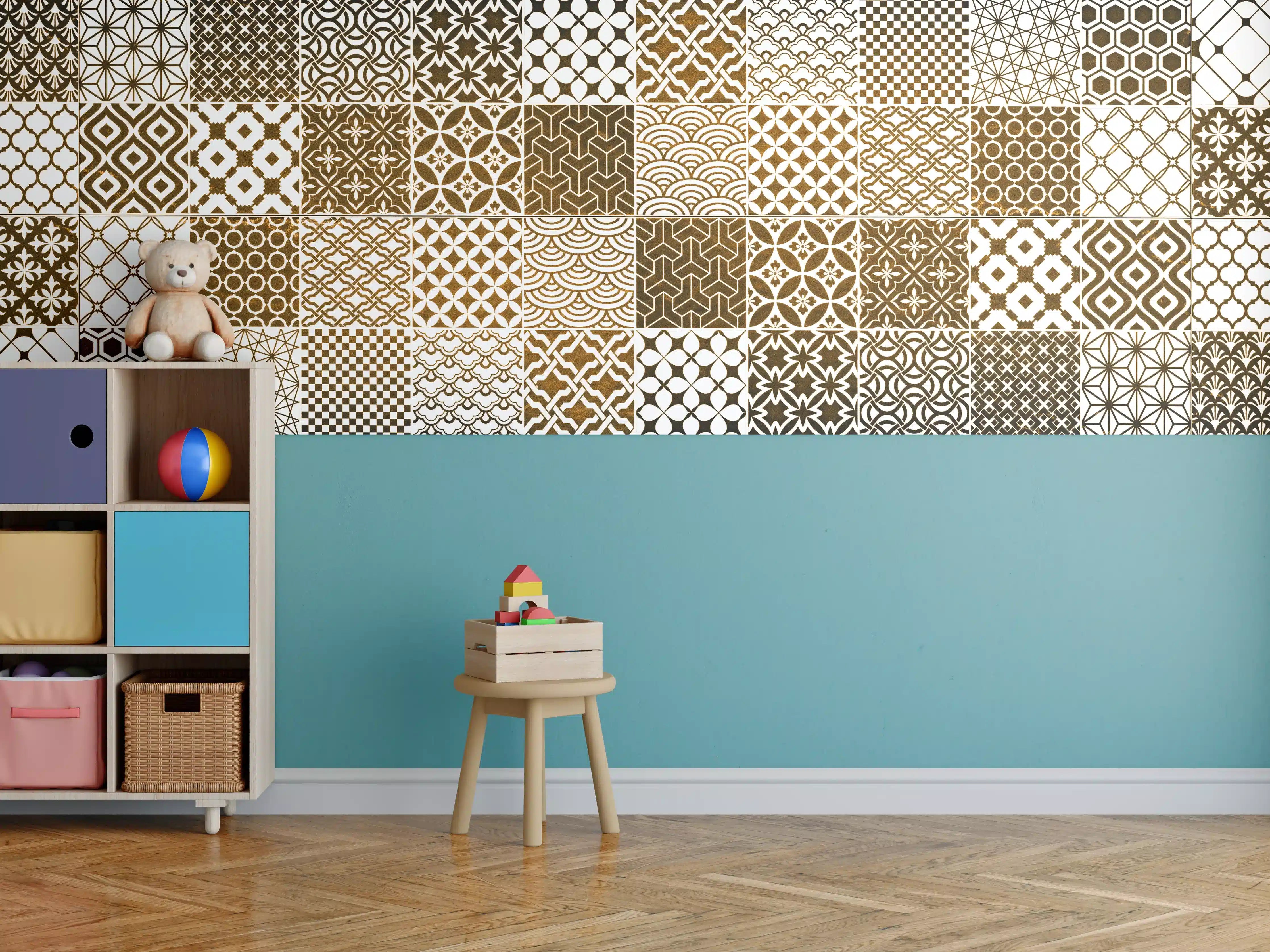 Kinderzimmer Wandgestaltung - Braun-Beige geometrisch Mosaik