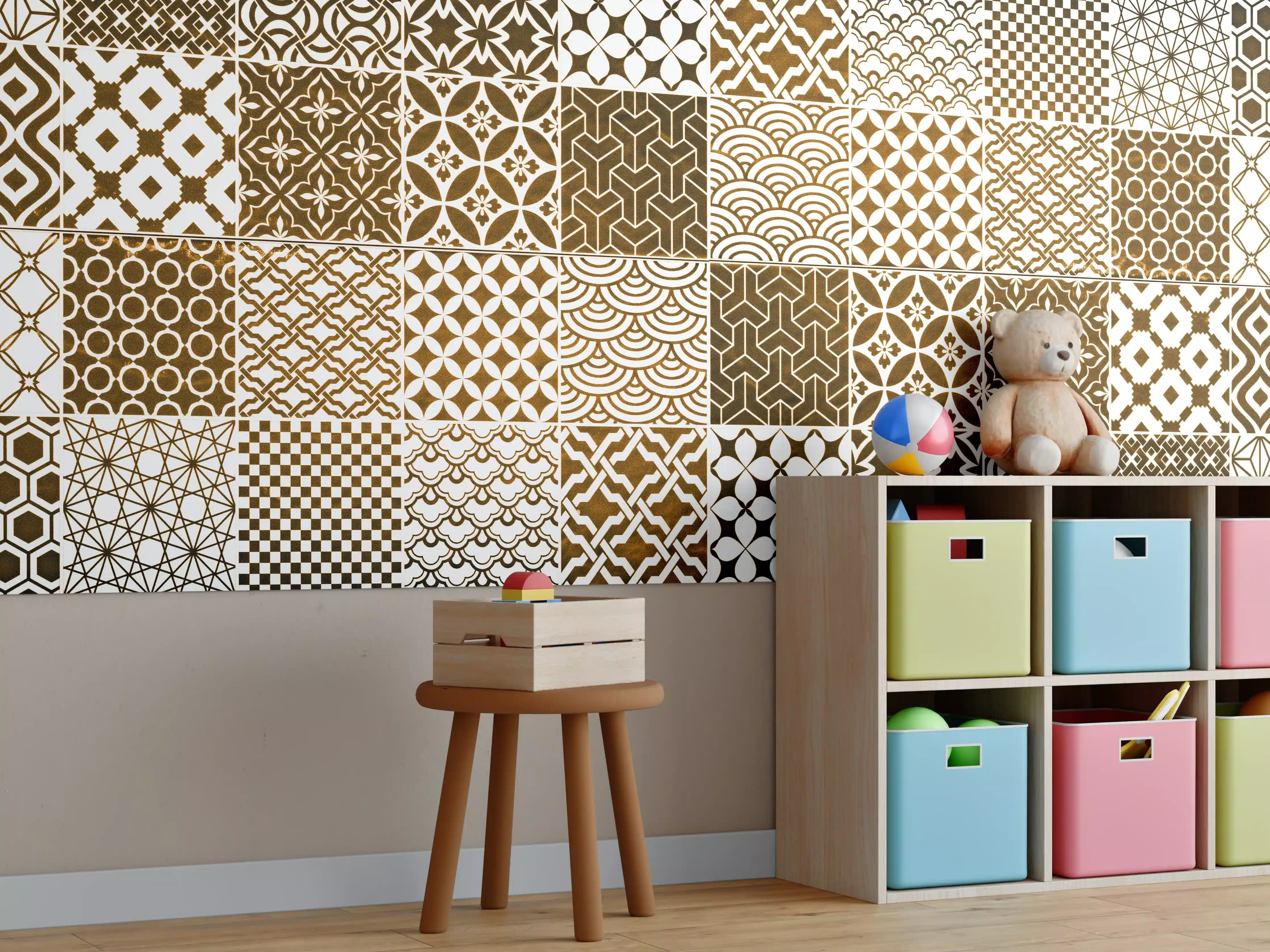 Kinderzimmer Wandgestaltung - Braun-Beige geometrisch Mosaik