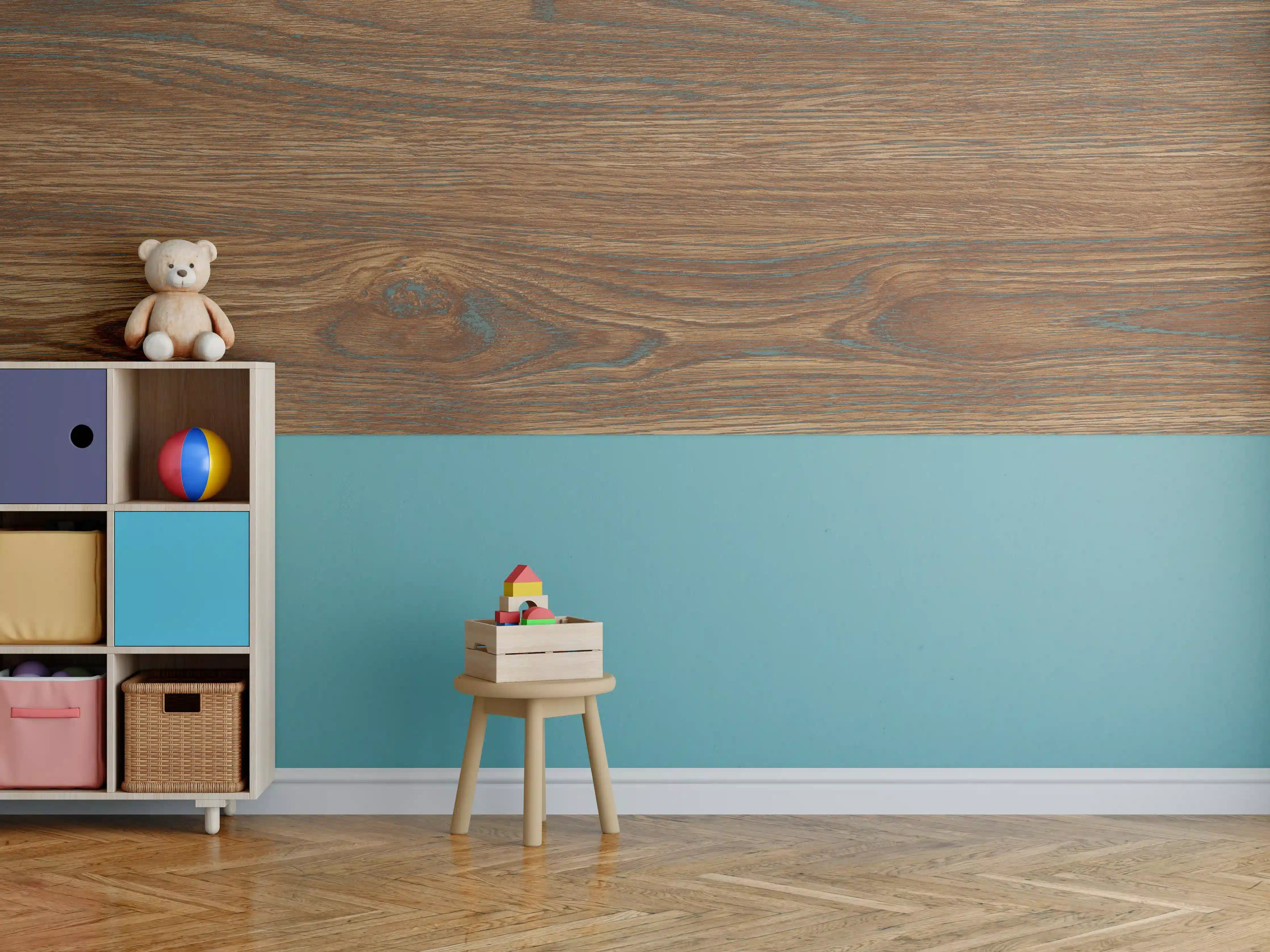 Kinderzimmer Wandgestaltung - Braune Holztextur mit Streifenmuster
