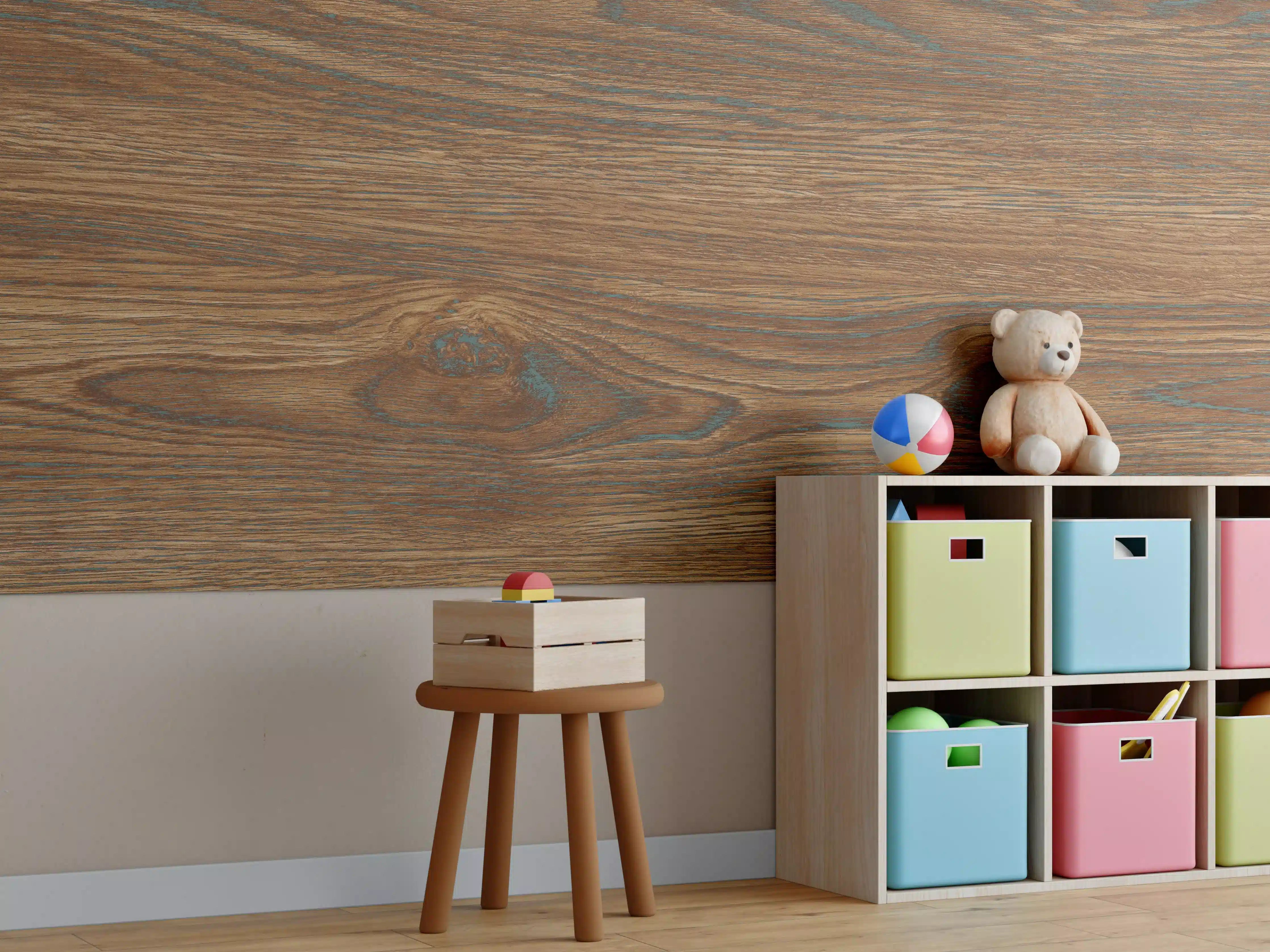 Kinderzimmer Wandgestaltung - Braune Holztextur mit Streifenmuster