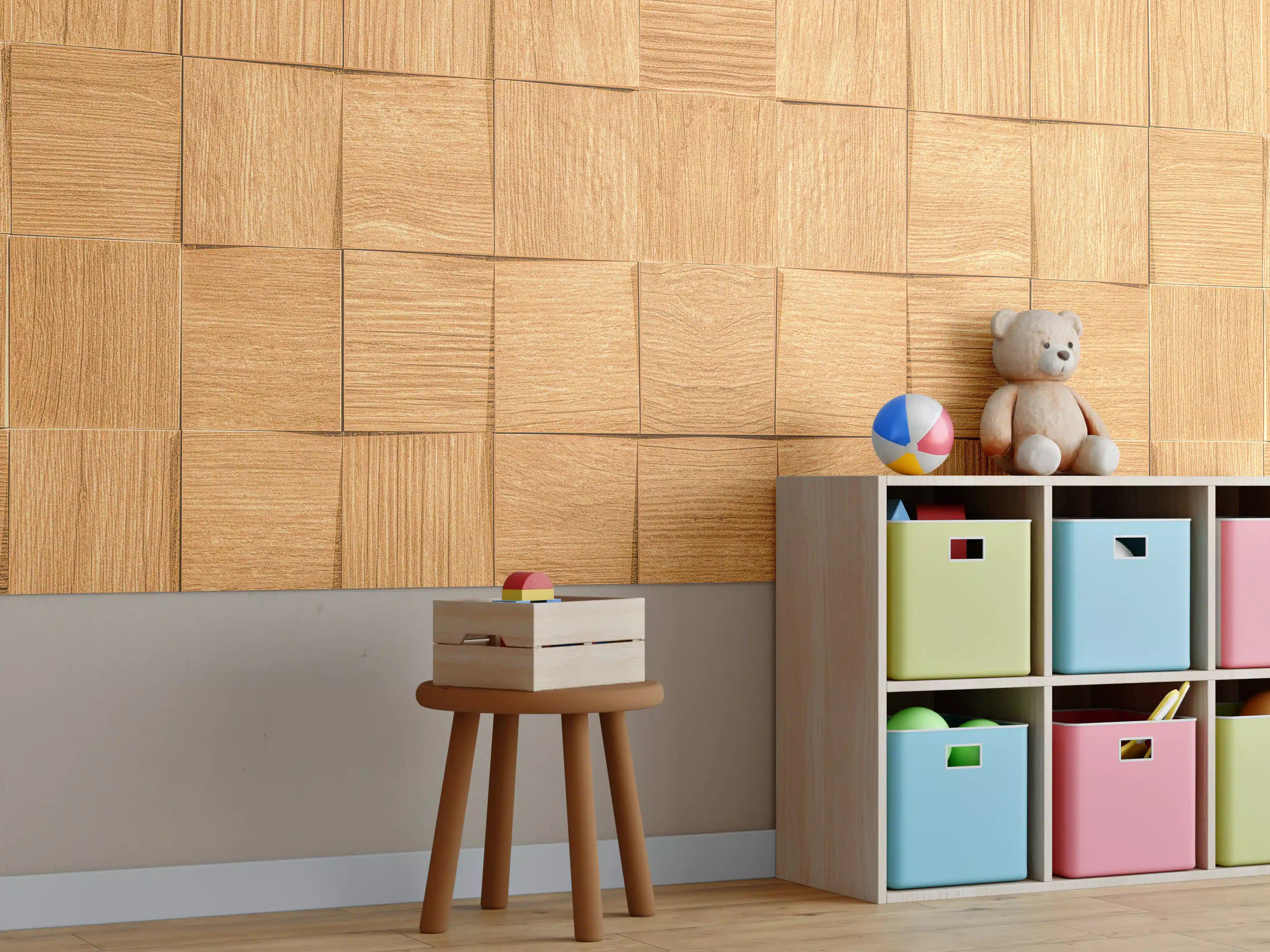 Kinderzimmer Wandgestaltung - Braune Holzwürfeltextur