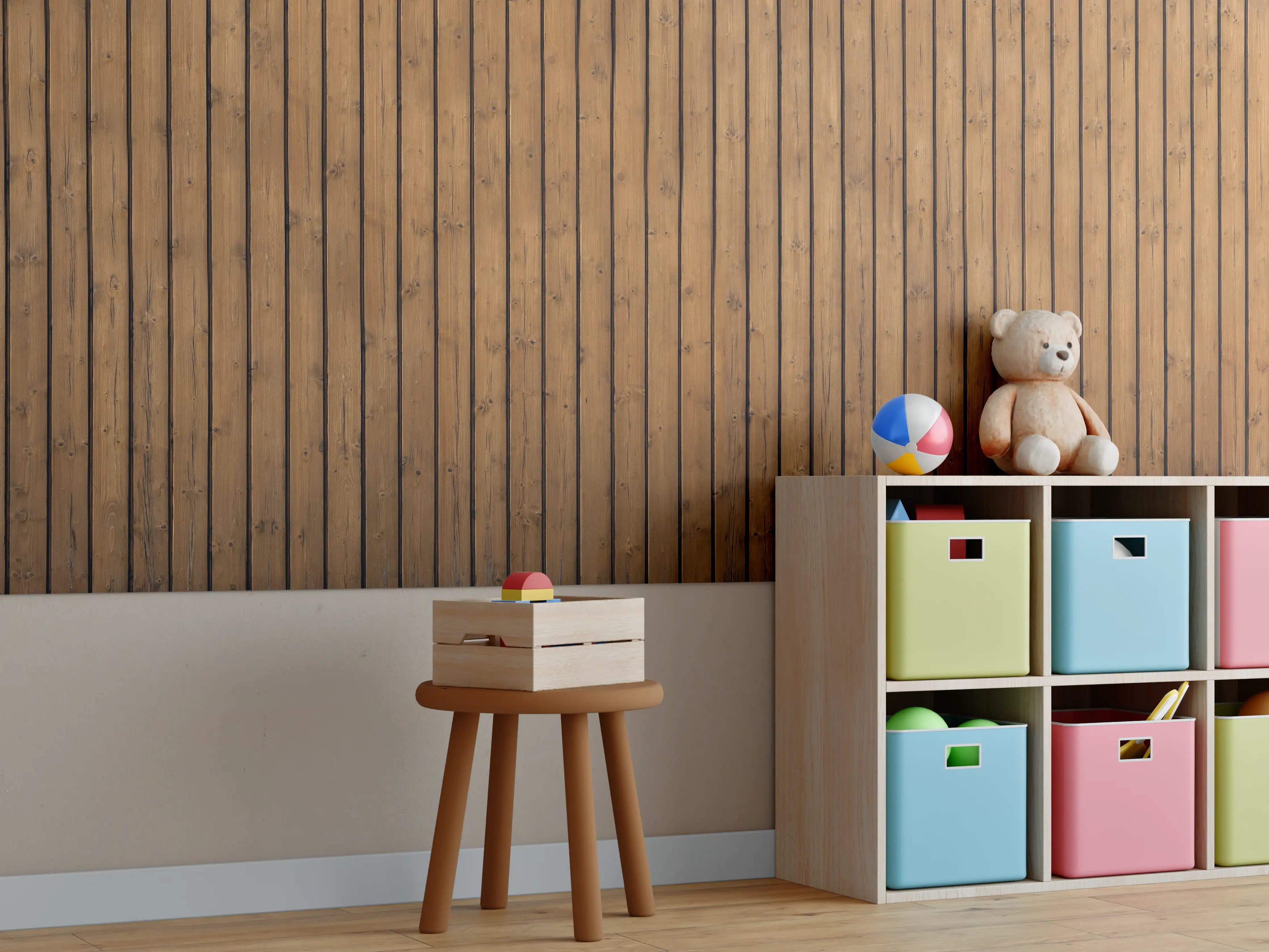 Kinderzimmer Wandgestaltung - Braune vertikale Holzdielen