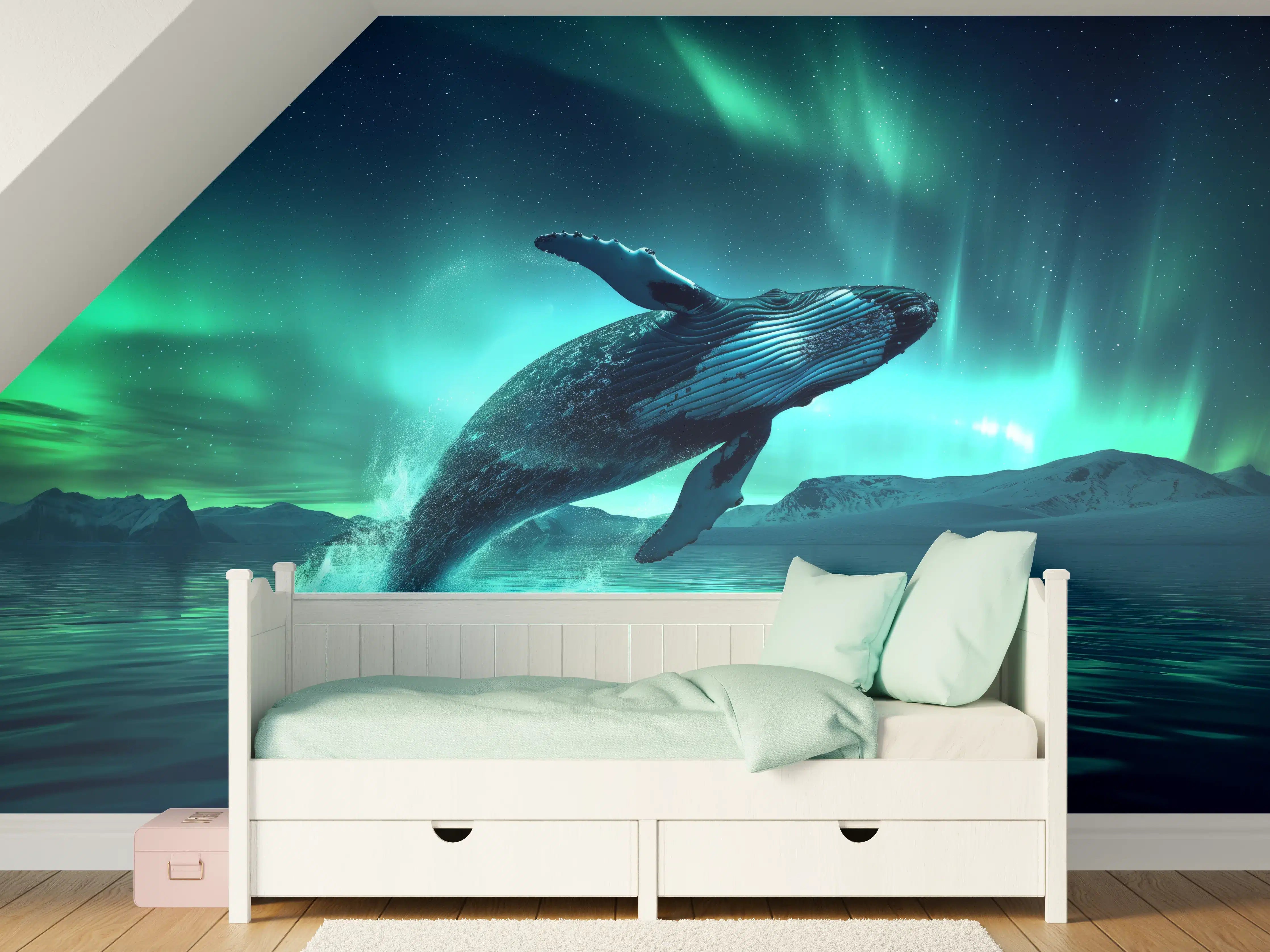 Kinderzimmer Wandgestaltung - Buckelwal unter Nordlicht Türkis