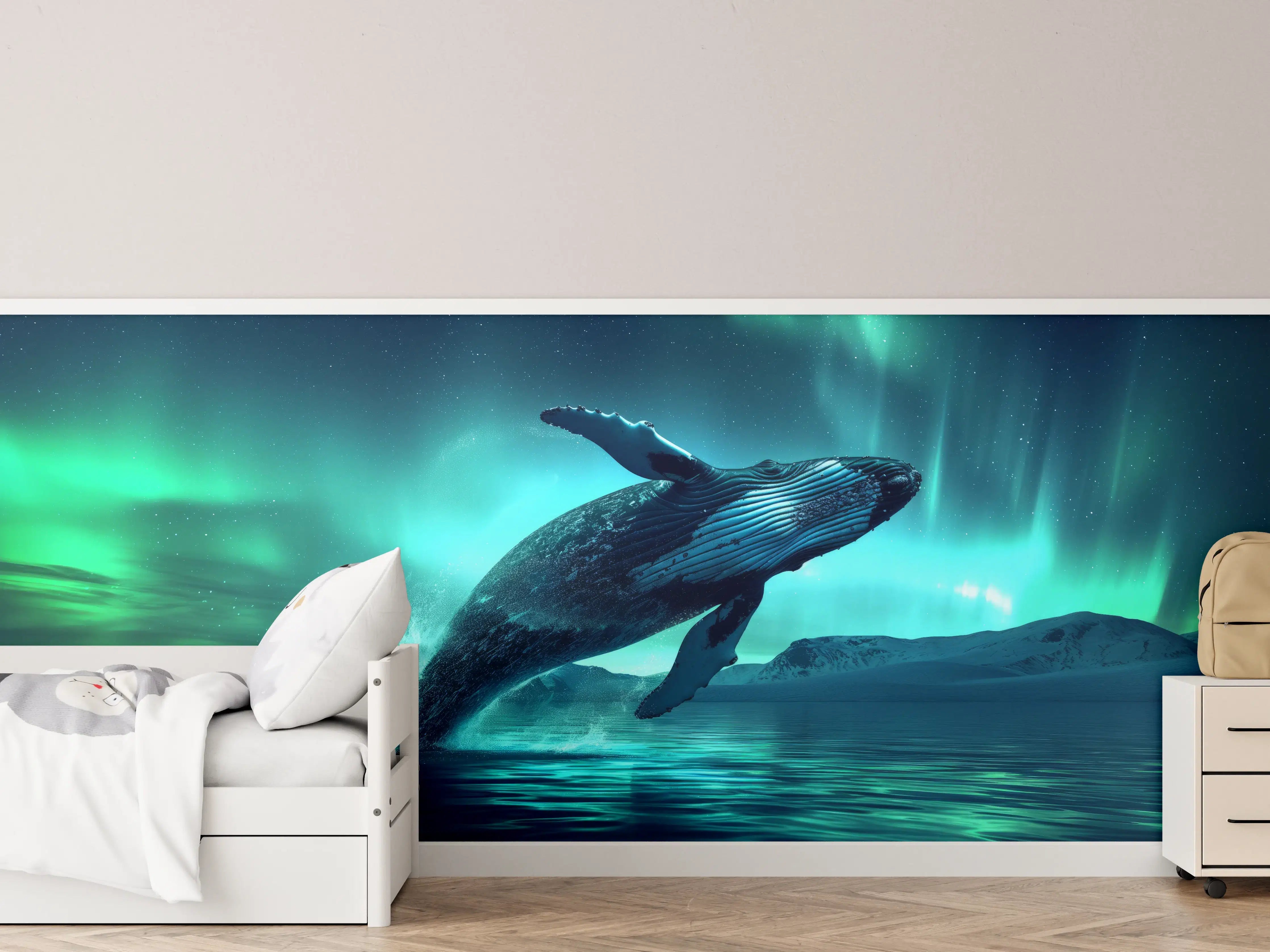 Kinderzimmer Wandgestaltung - Buckelwal unter Nordlicht Türkis