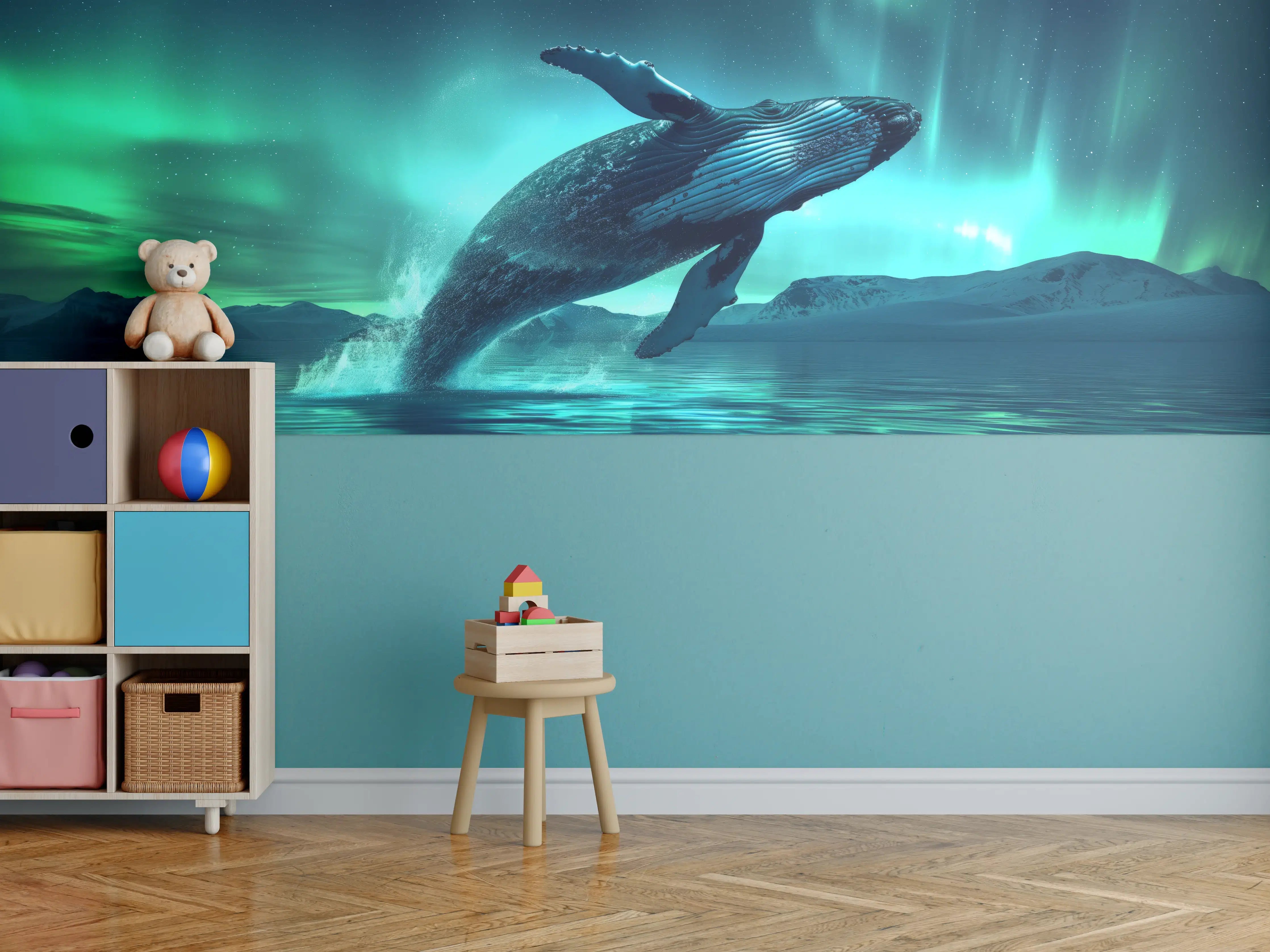 Kinderzimmer Wandgestaltung - Buckelwal unter Nordlicht Türkis