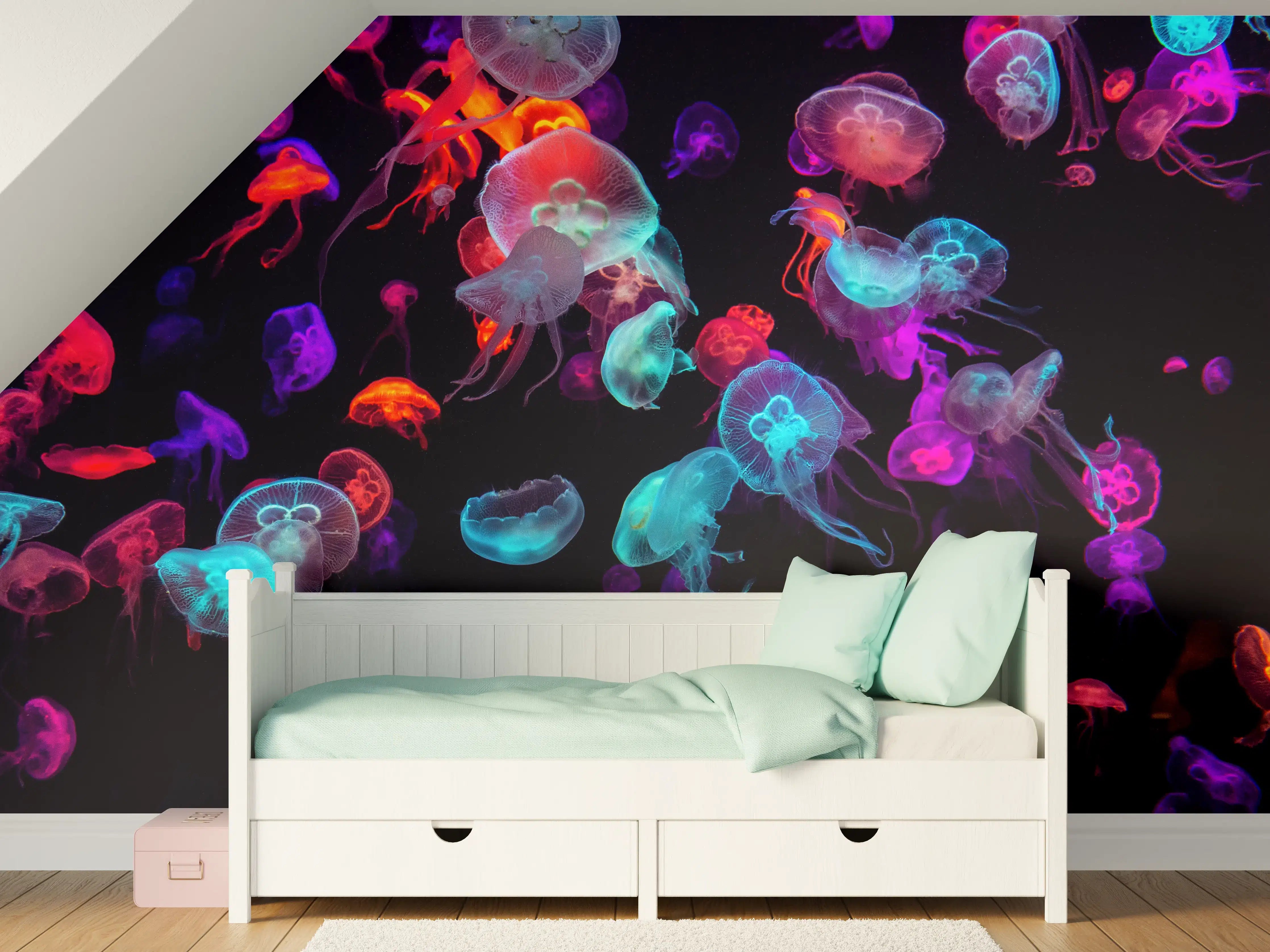 Kinderzimmer Wandgestaltung - Bunt strahlende Quallen unter Wasser