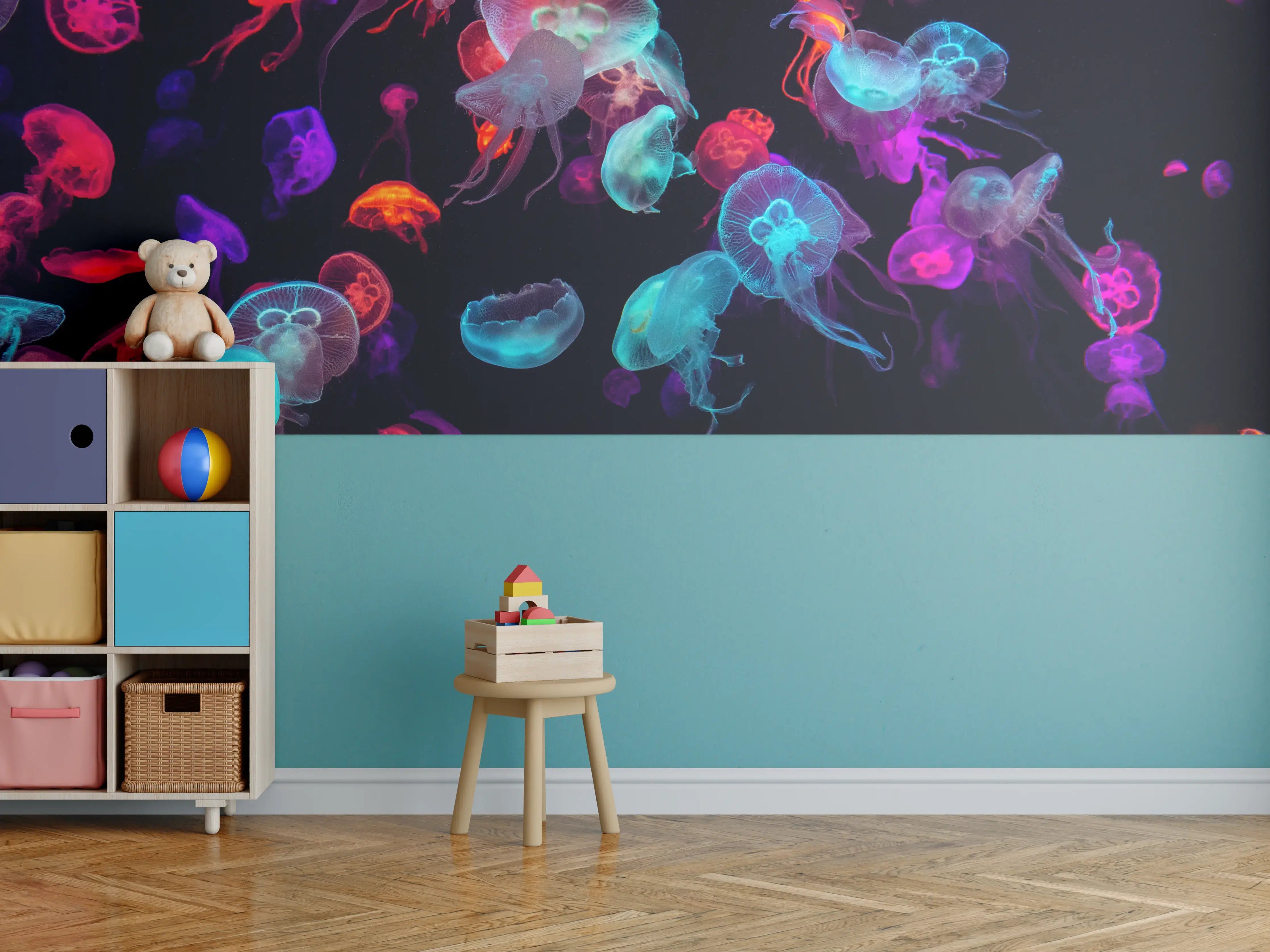 Kinderzimmer Wandgestaltung - Bunt strahlende Quallen unter Wasser