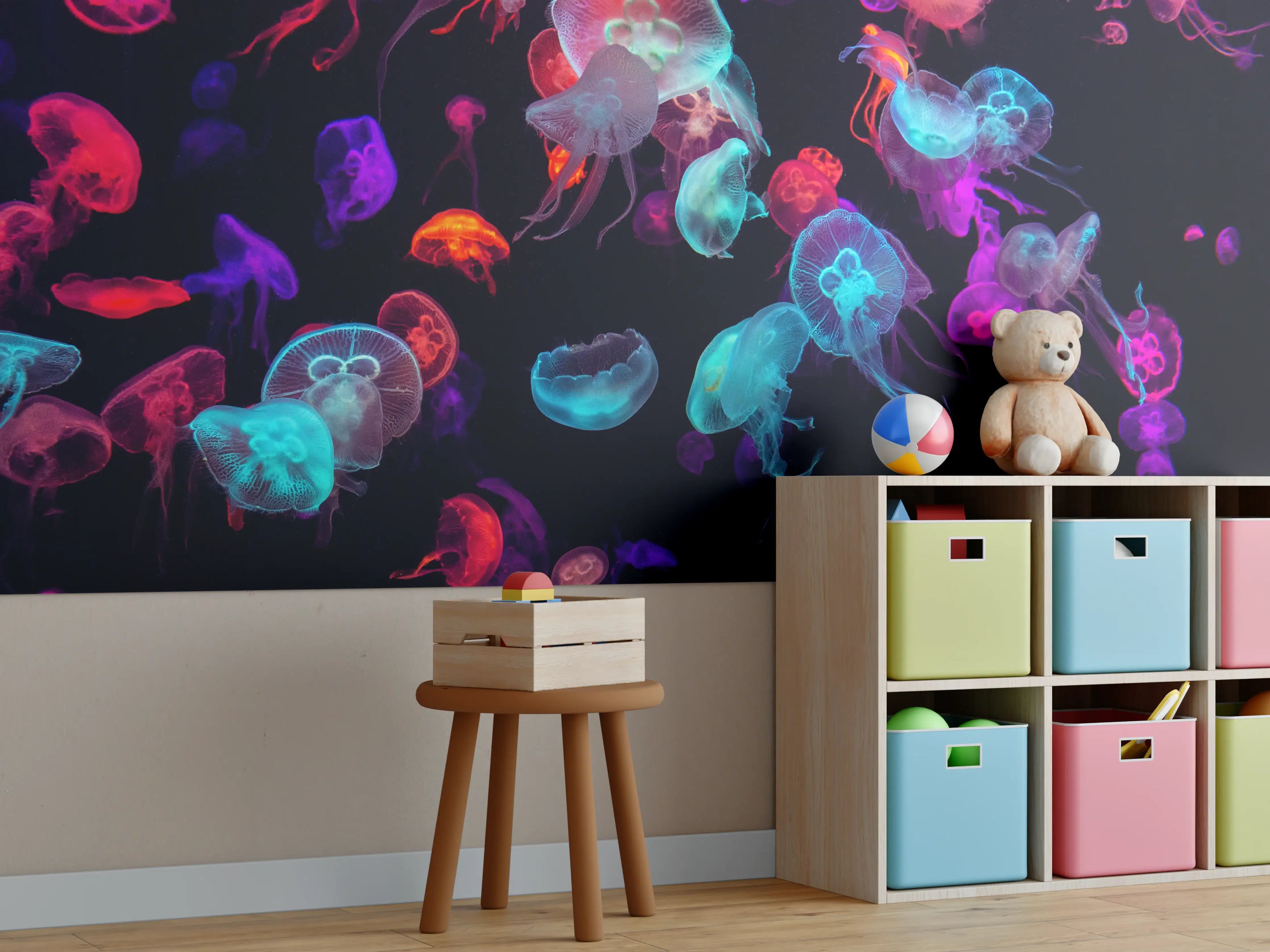Kinderzimmer Wandgestaltung - Bunt strahlende Quallen unter Wasser