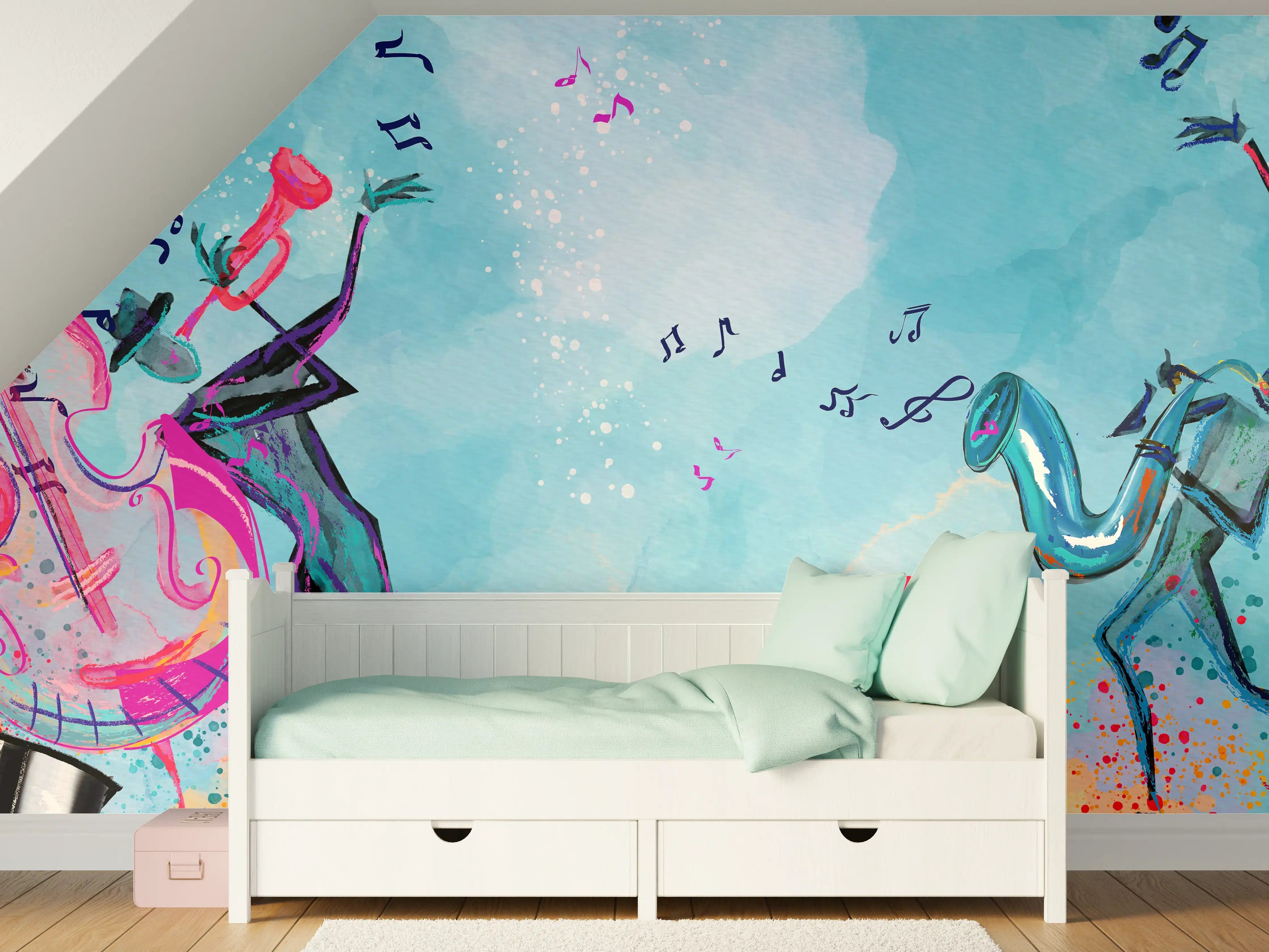 Kinderzimmer Wandgestaltung - Bunte Aquarell Musikszene