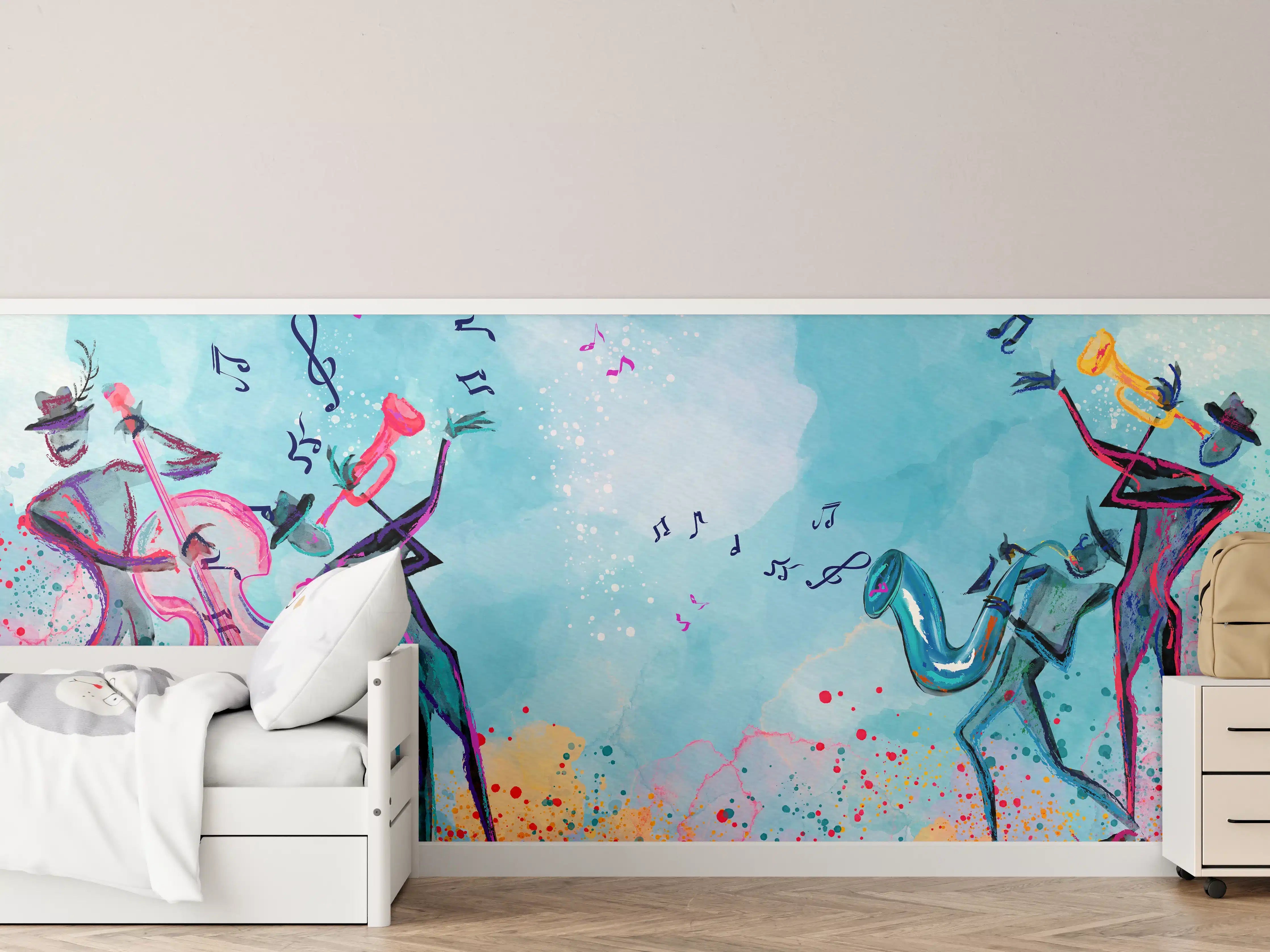 Kinderzimmer Wandgestaltung - Bunte Aquarell Musikszene