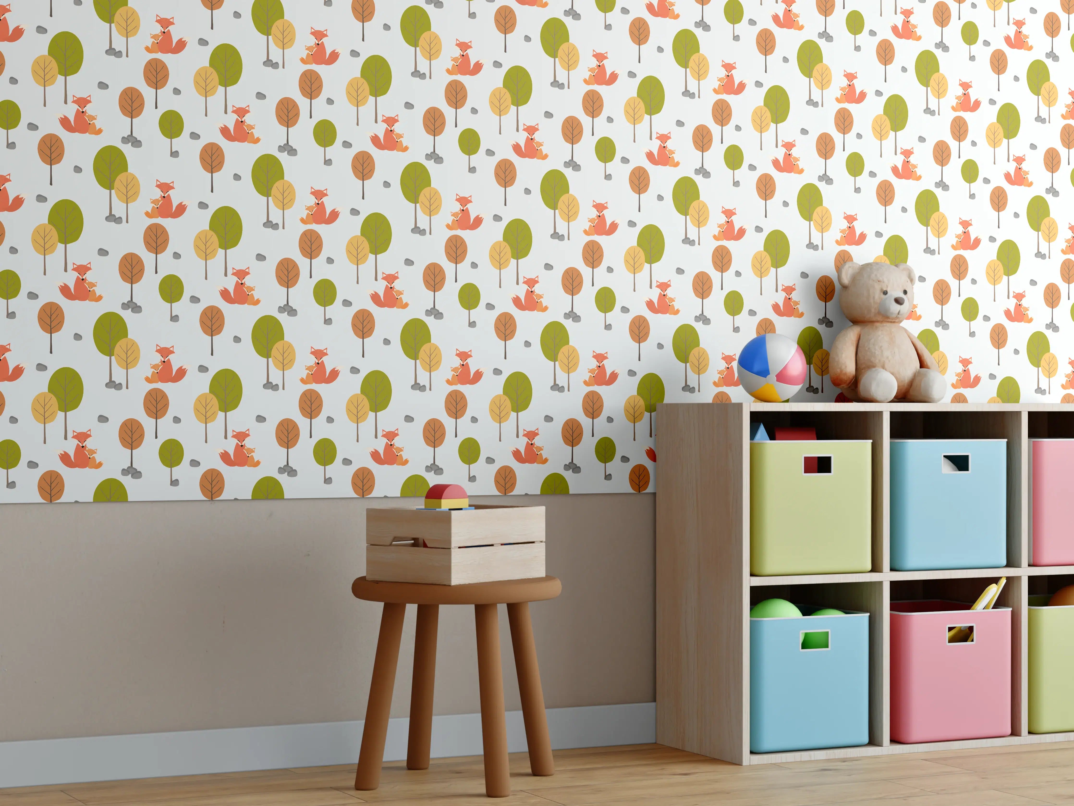 Kinderzimmer Wandgestaltung - Bunte Baum-Muster in Erdtönen