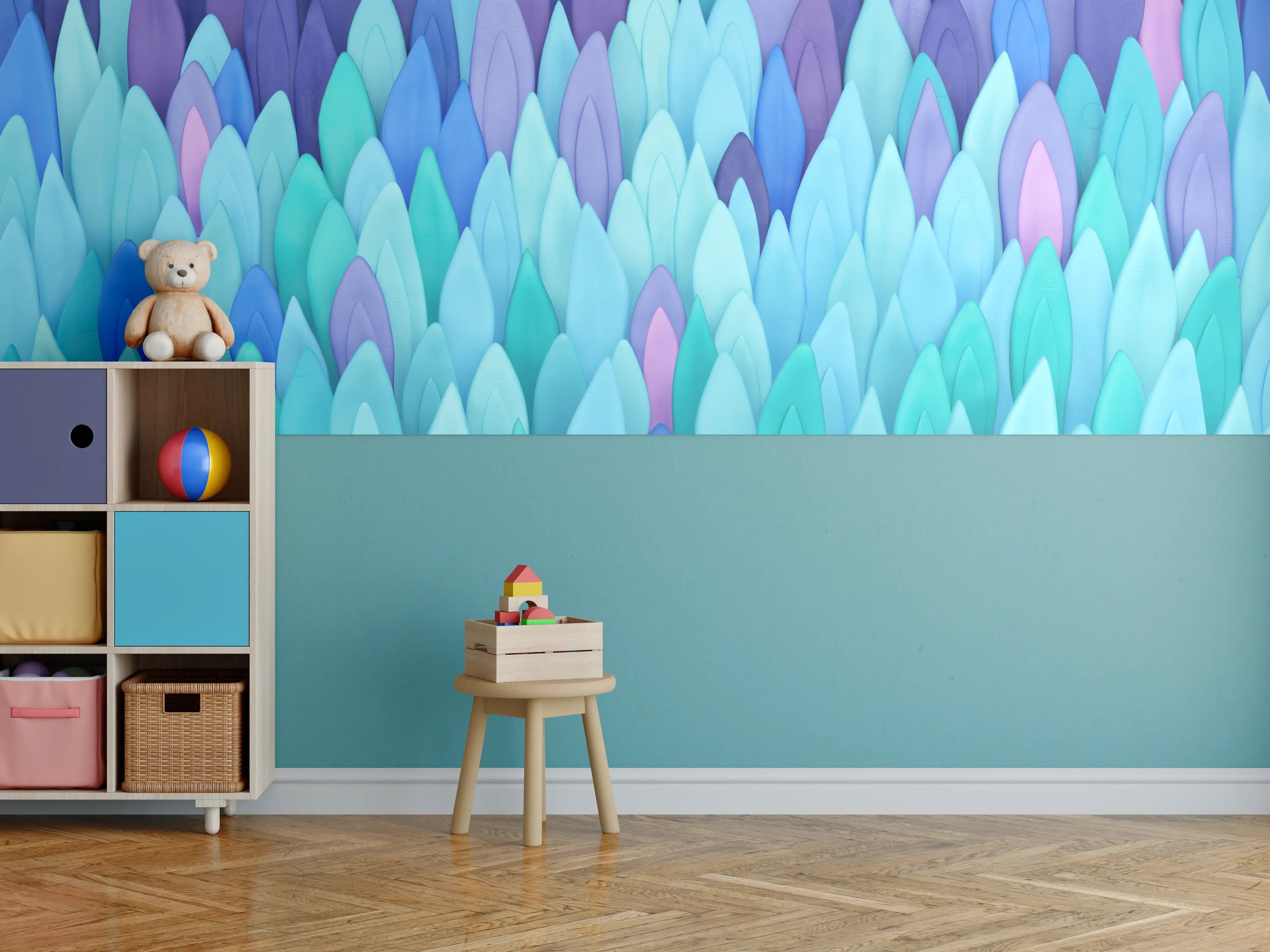 Kinderzimmer Wandgestaltung - Bunte Blätter in Türkis und Blau