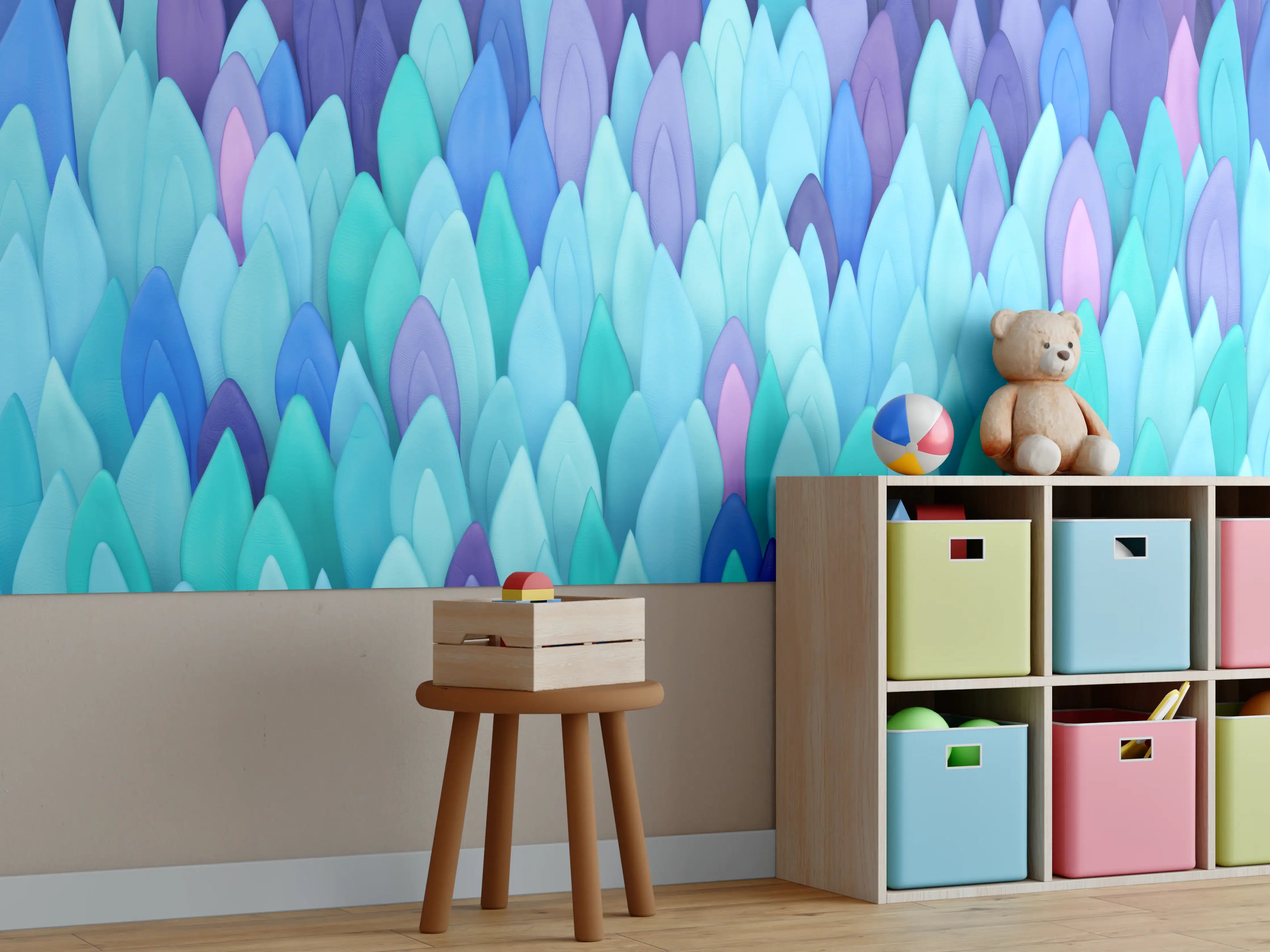 Kinderzimmer Wandgestaltung - Bunte Blätter in Türkis und Blau