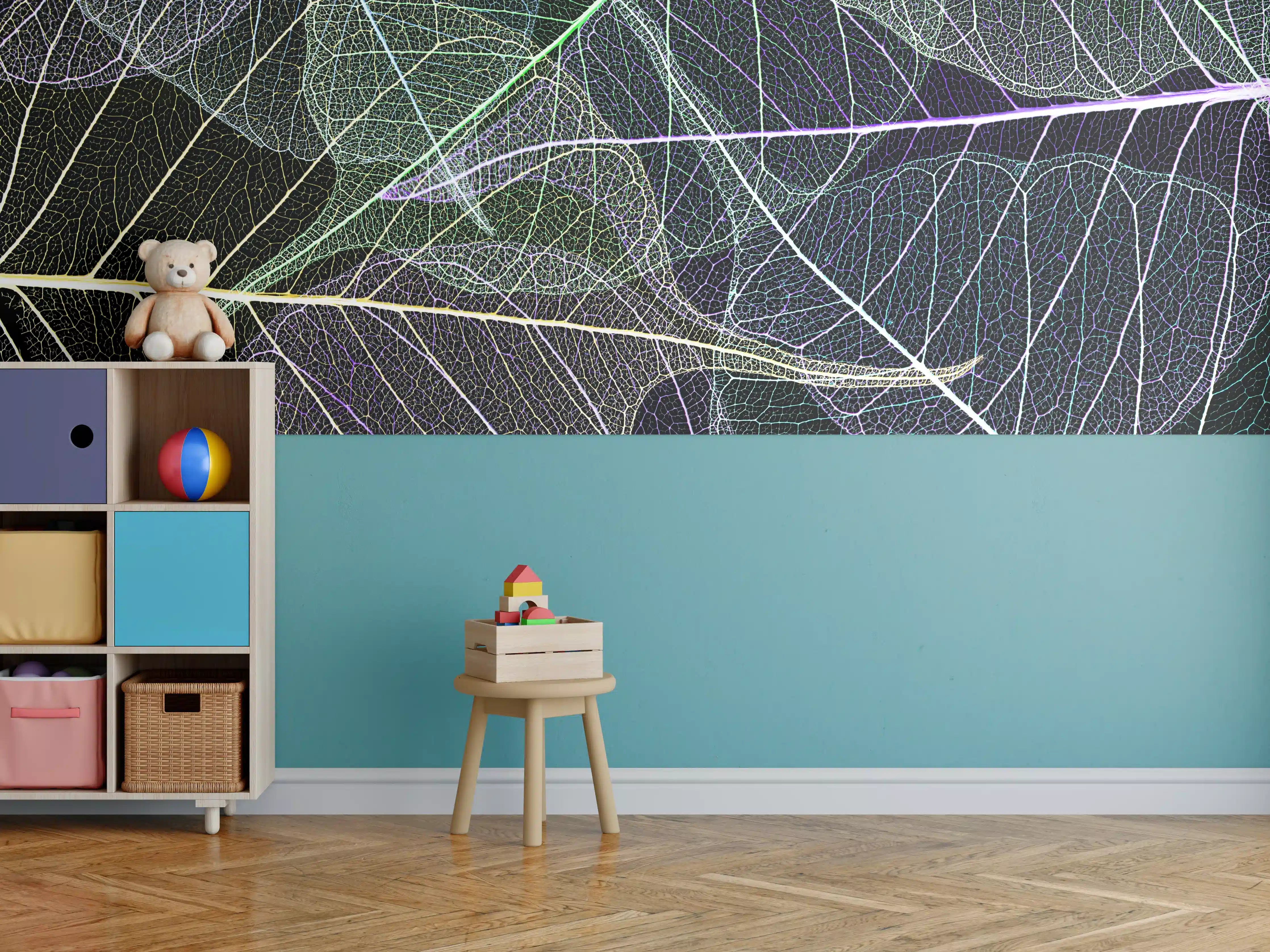 Kinderzimmer Wandgestaltung - Bunte Blattadertexturen auf Schwarz