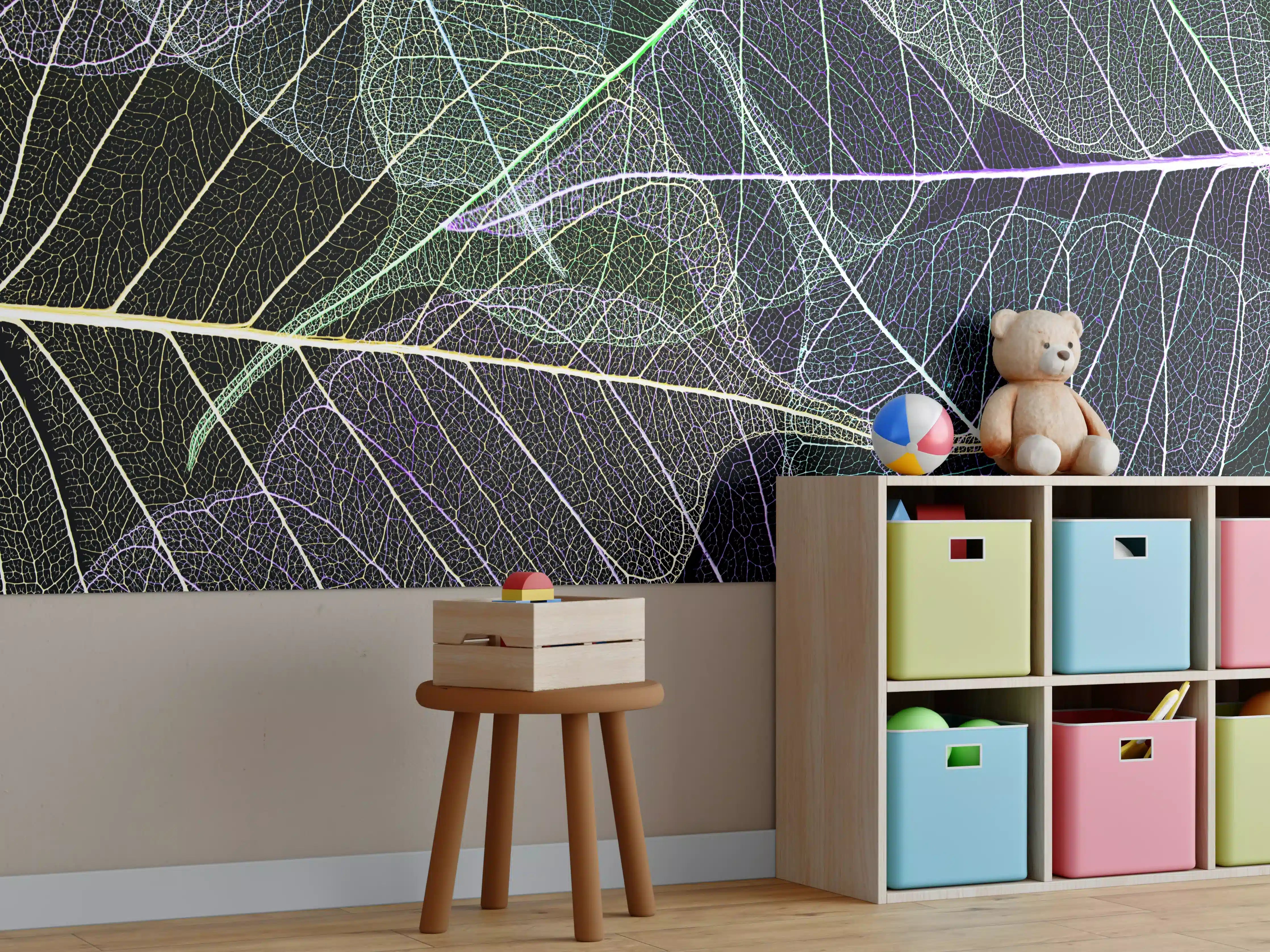 Kinderzimmer Wandgestaltung - Bunte Blattadertexturen auf Schwarz
