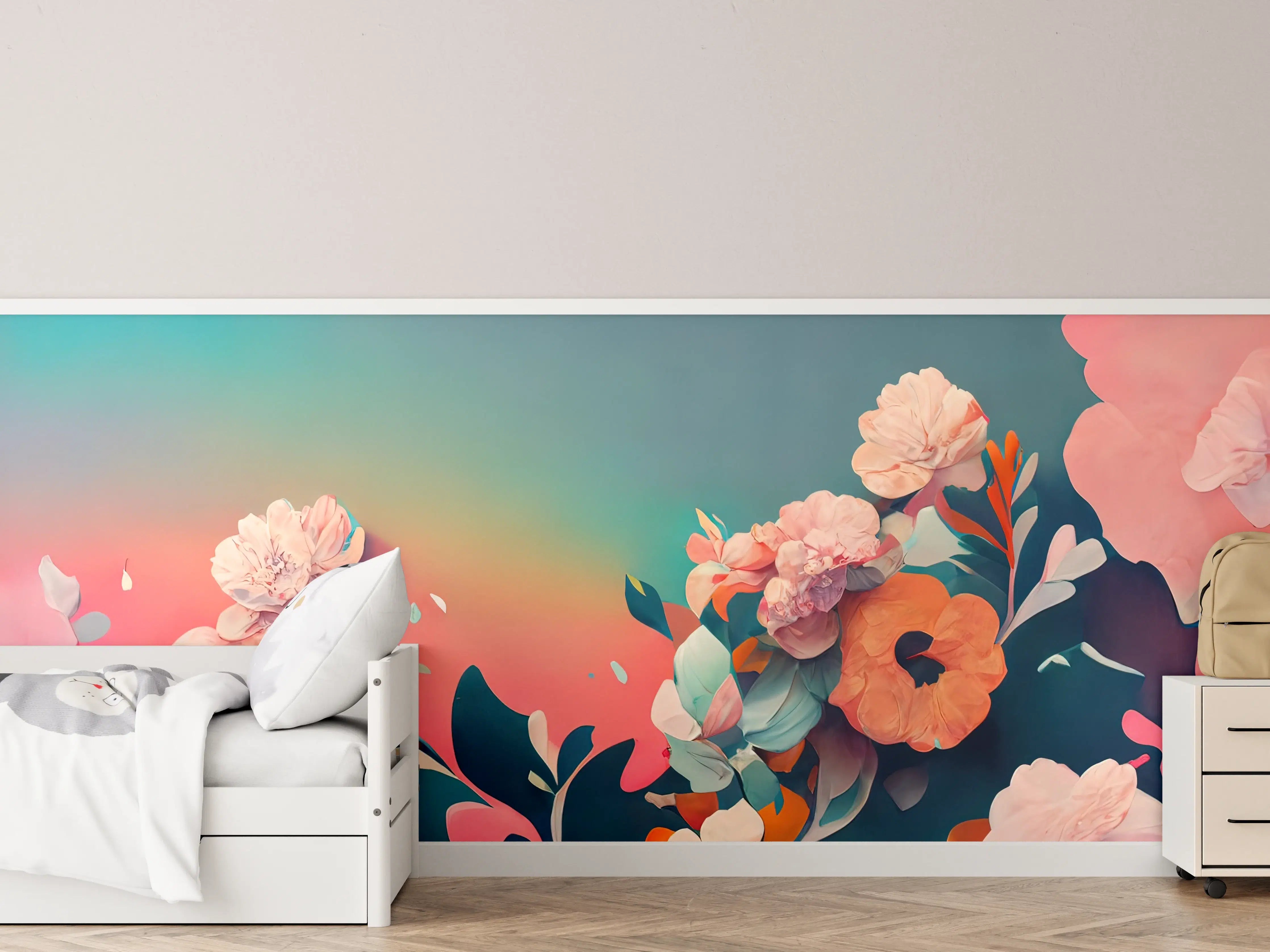 Kinderzimmer Wandgestaltung - Bunte Blütenidylle mit Pastellhintergrund