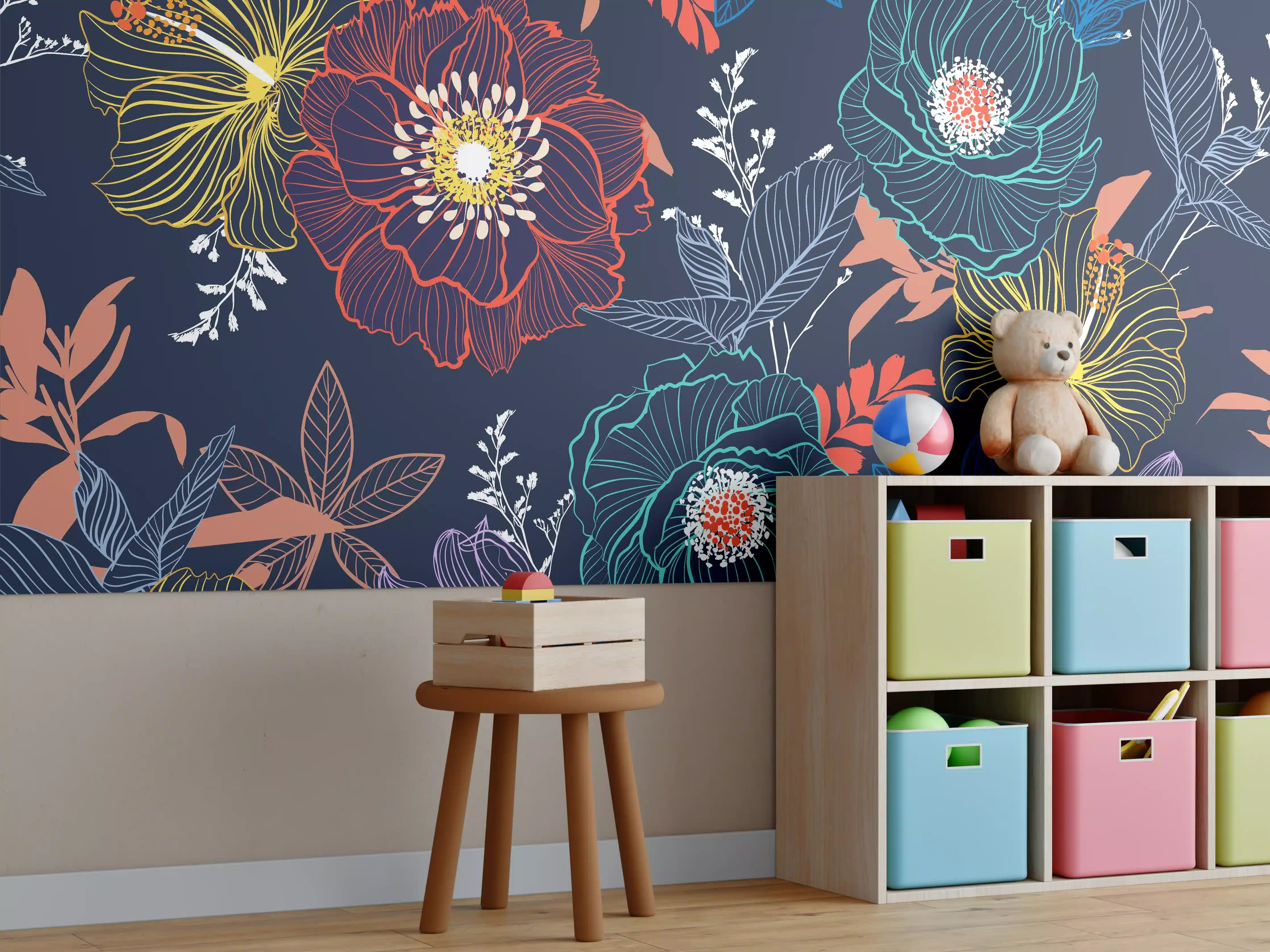 Kinderzimmer Wandgestaltung - Bunte Blumen Nachtgarten Muster