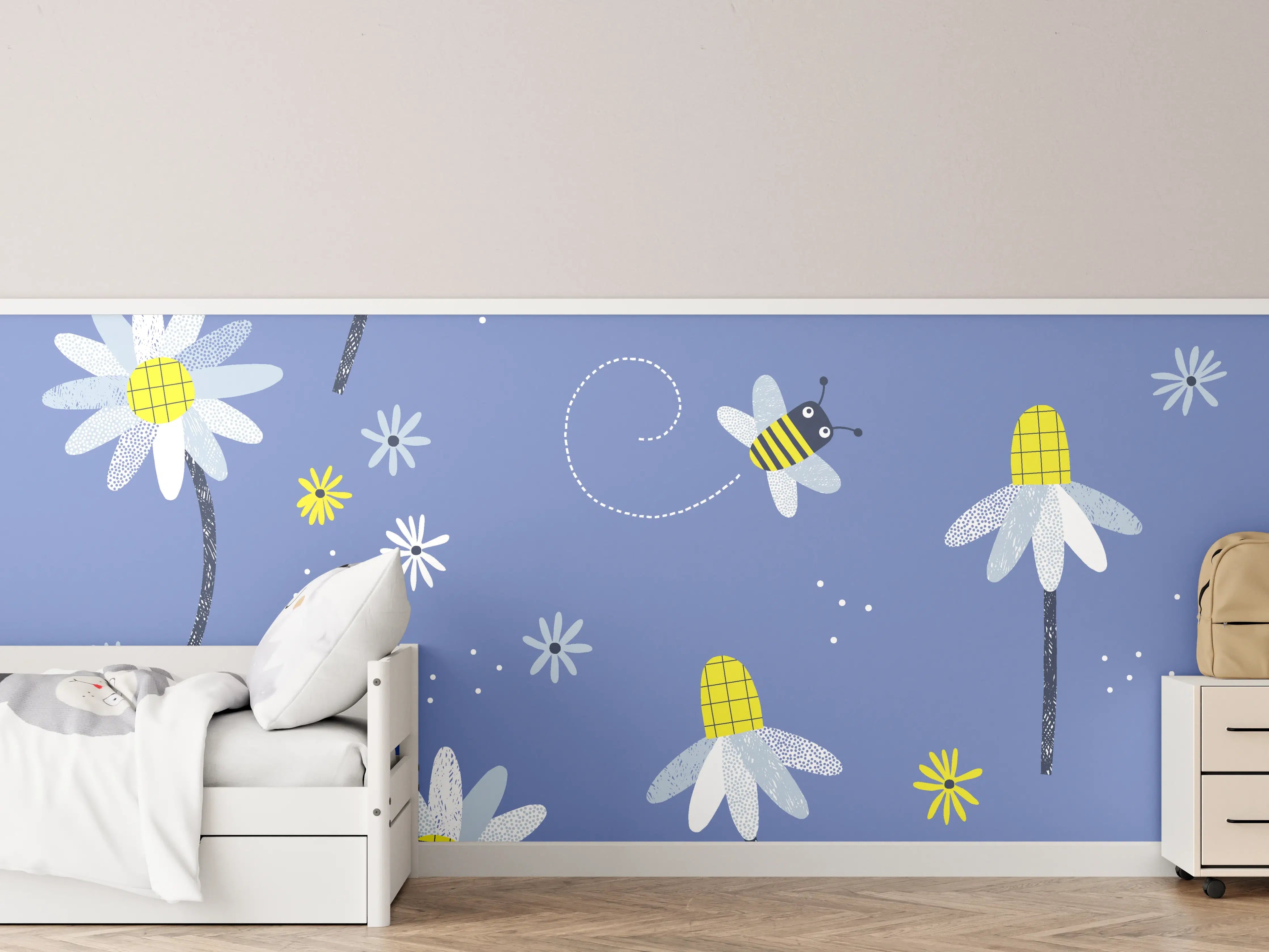 Kinderzimmer Wandgestaltung - Bunte Blumen und Bienen auf blauem Hintergrund