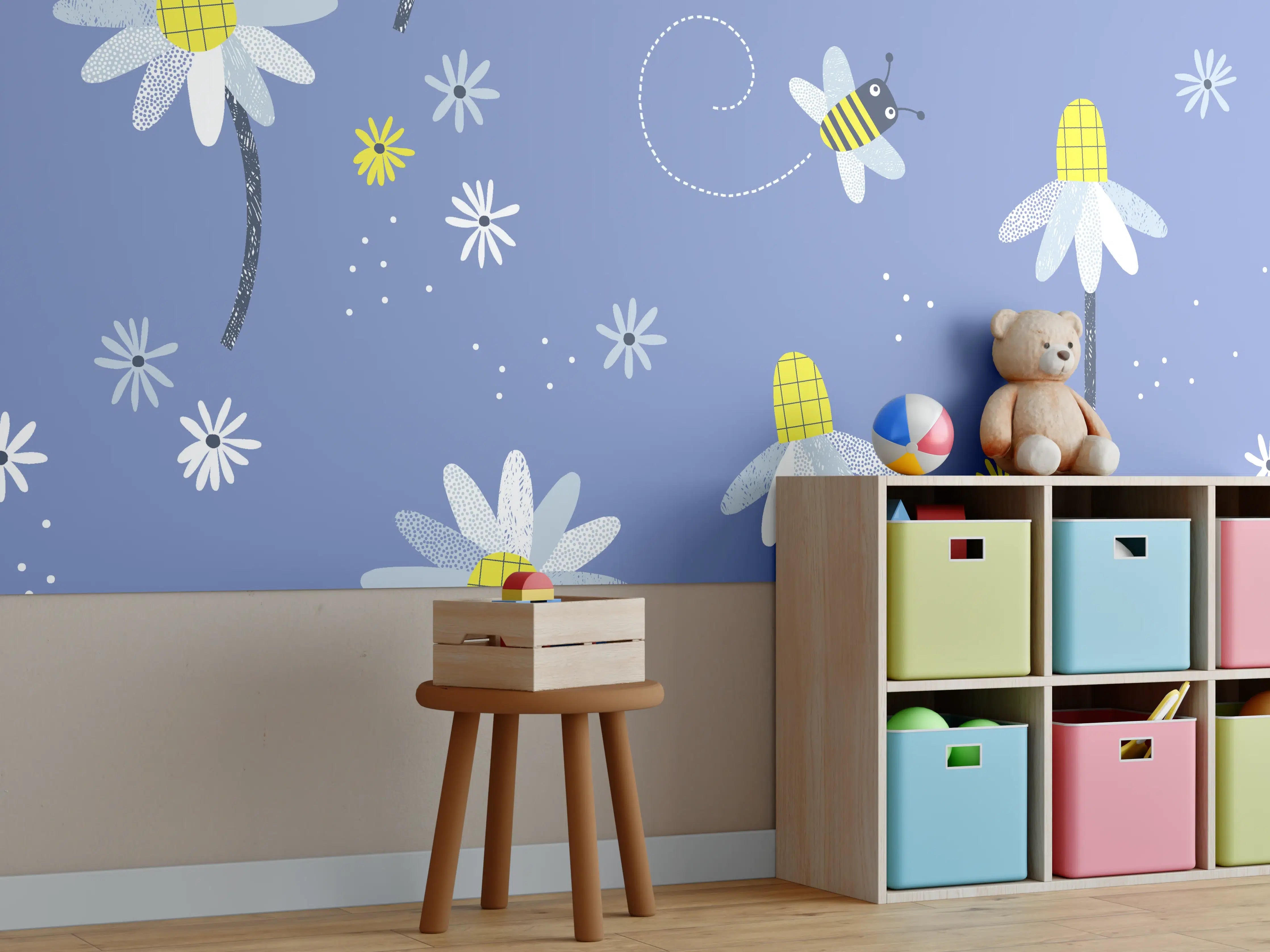 Kinderzimmer Wandgestaltung - Bunte Blumen und Bienen auf blauem Hintergrund