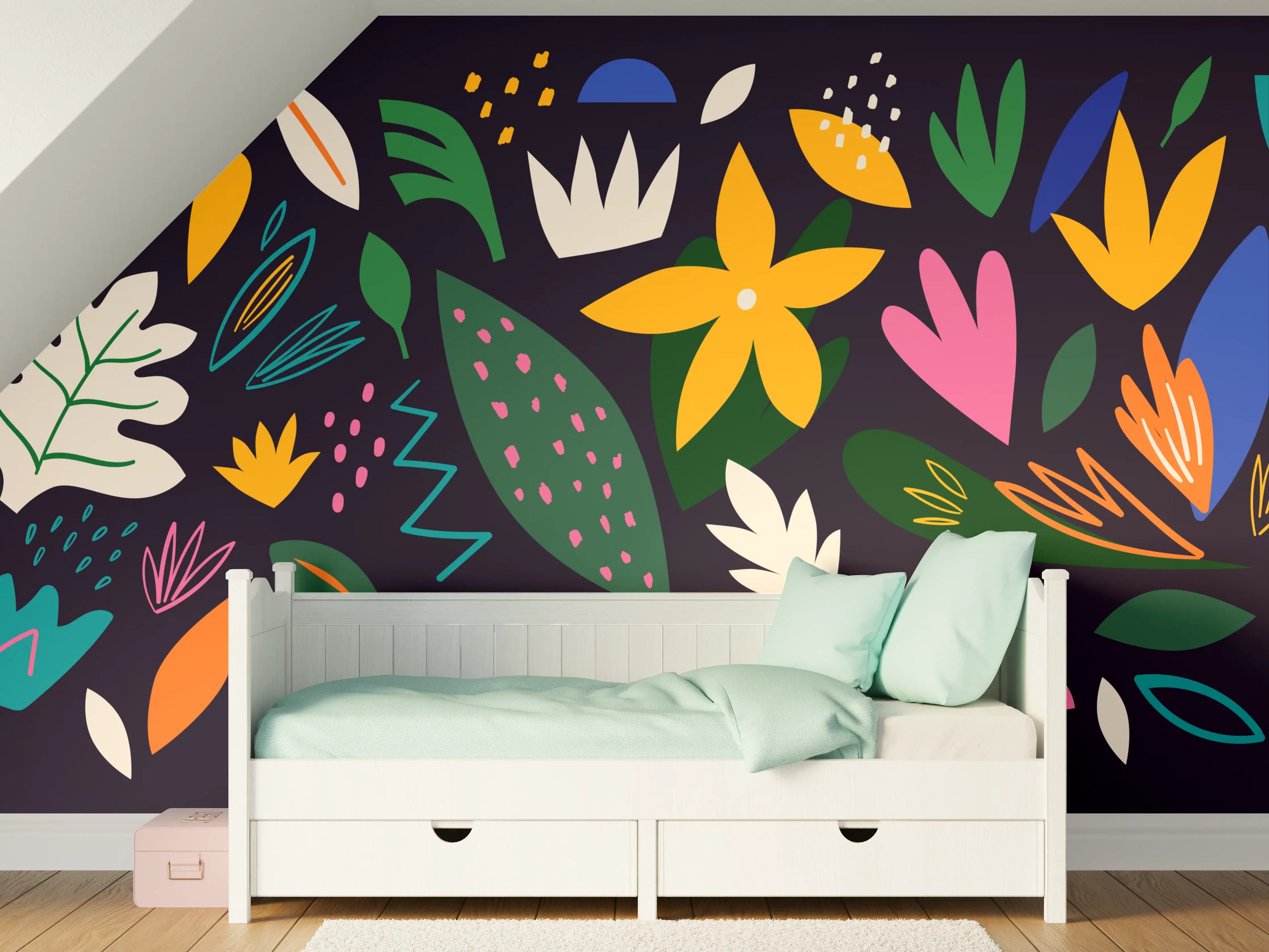 Kinderzimmer Wandgestaltung - Bunte Blumenmuster auf dunklem Hintergrund