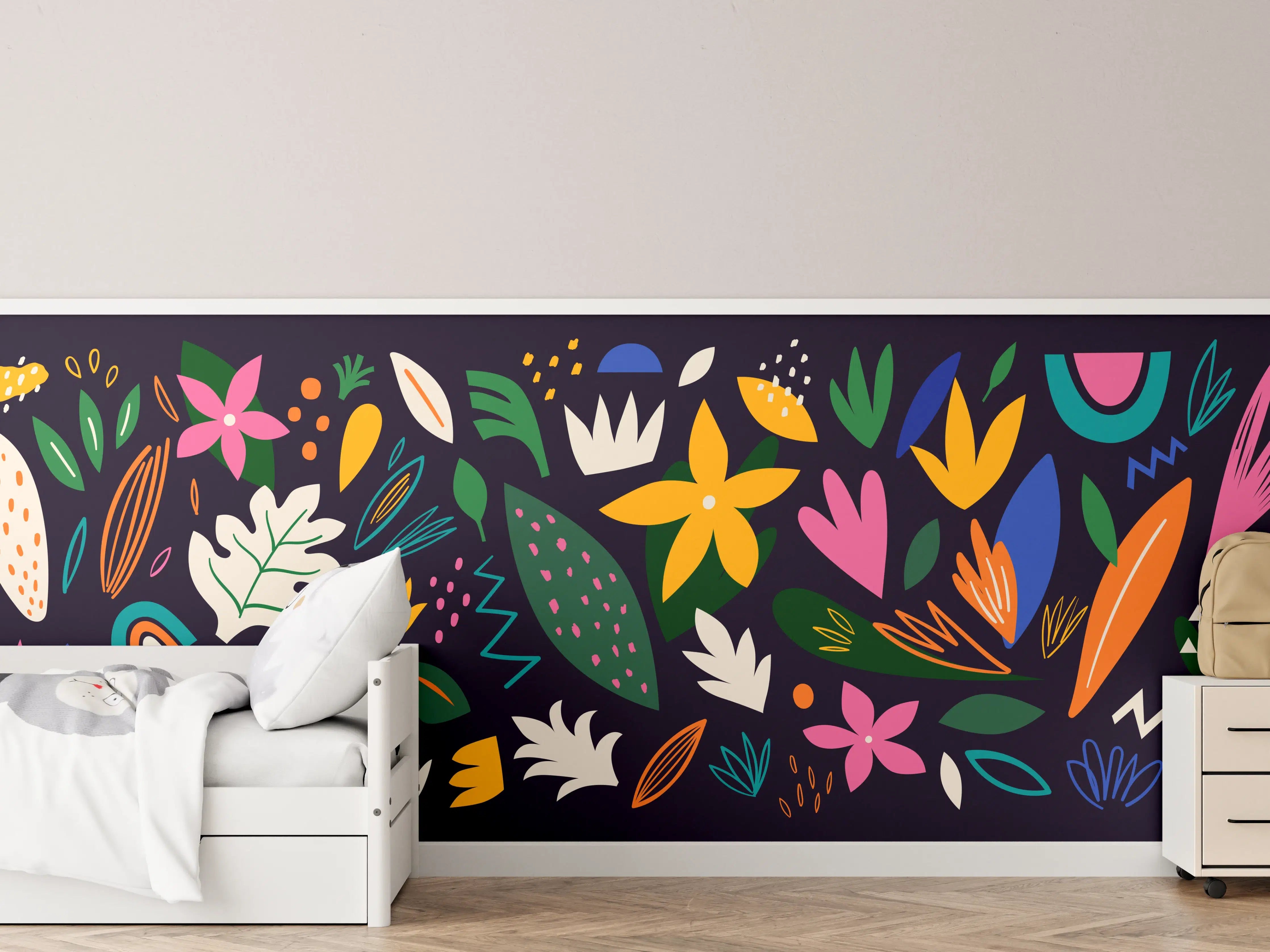 Kinderzimmer Wandgestaltung - Bunte Blumenmuster auf dunklem Hintergrund
