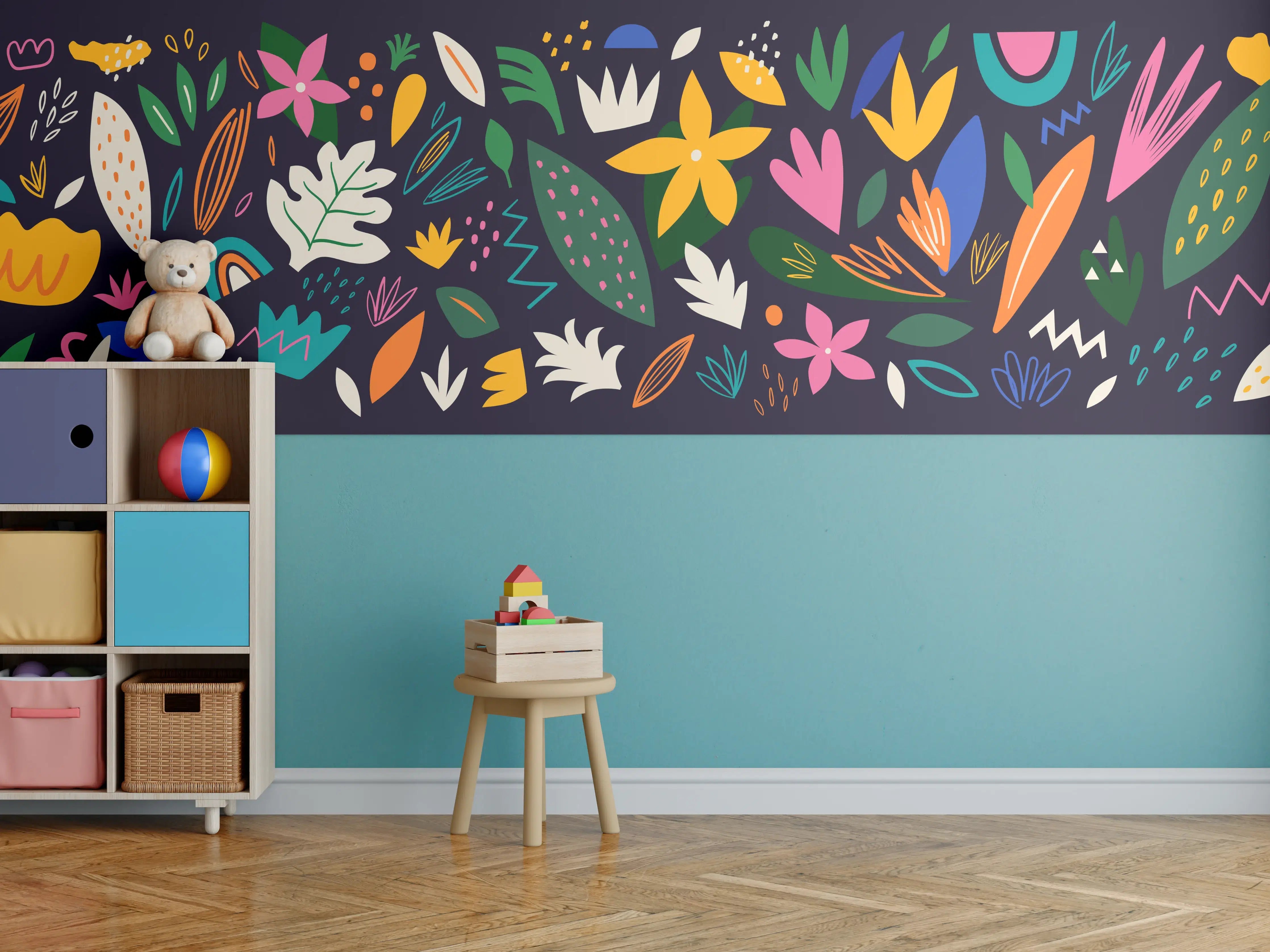Kinderzimmer Wandgestaltung - Bunte Blumenmuster auf dunklem Hintergrund