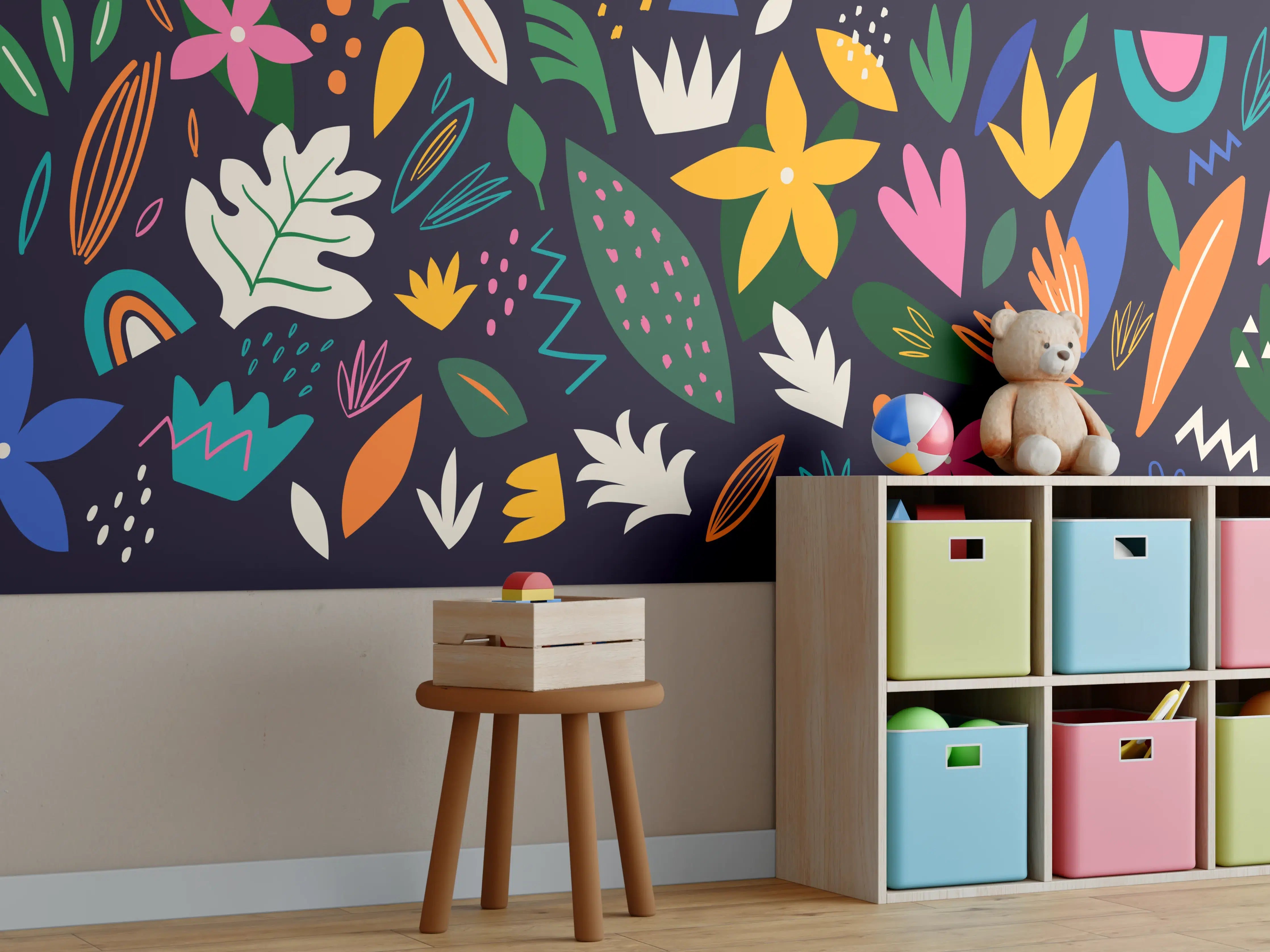 Kinderzimmer Wandgestaltung - Bunte Blumenmuster auf dunklem Hintergrund