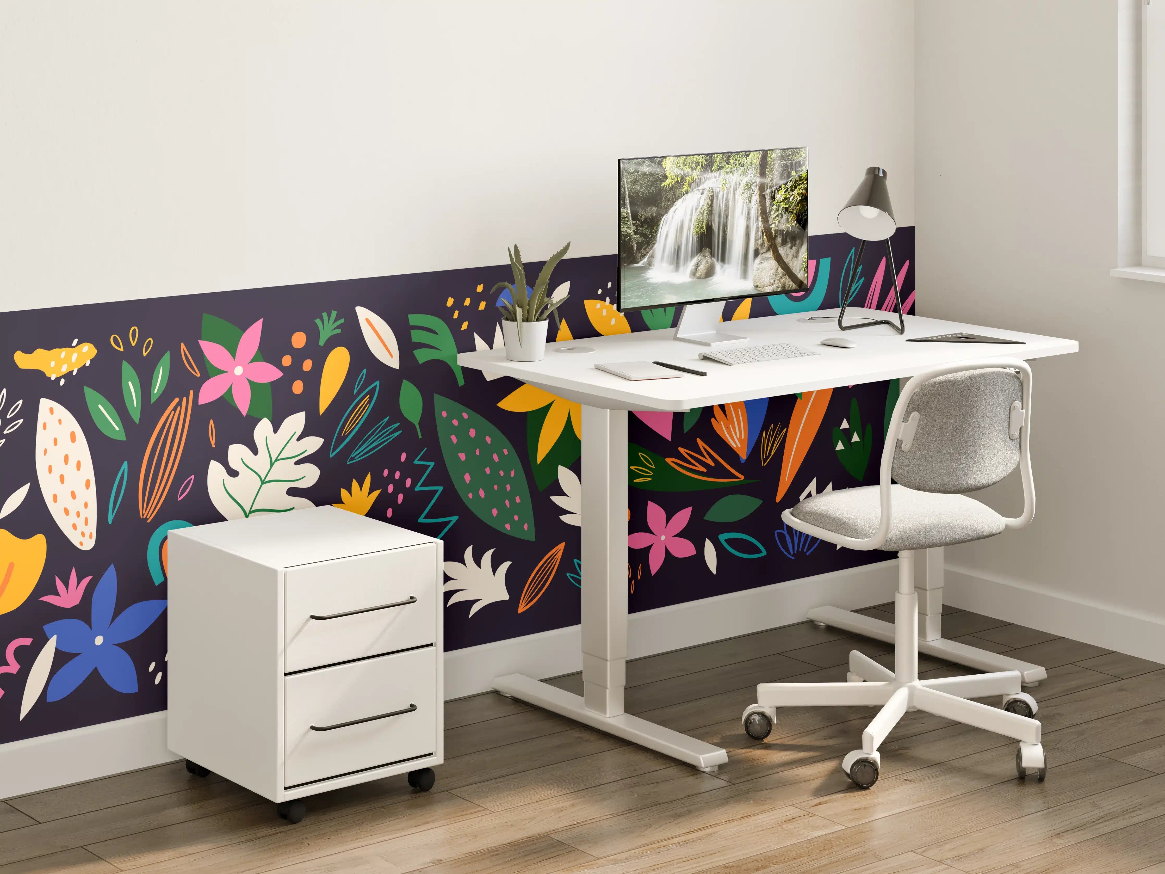 Kinderzimmer Wandgestaltung - Bunte Blumenmuster auf dunklem Hintergrund