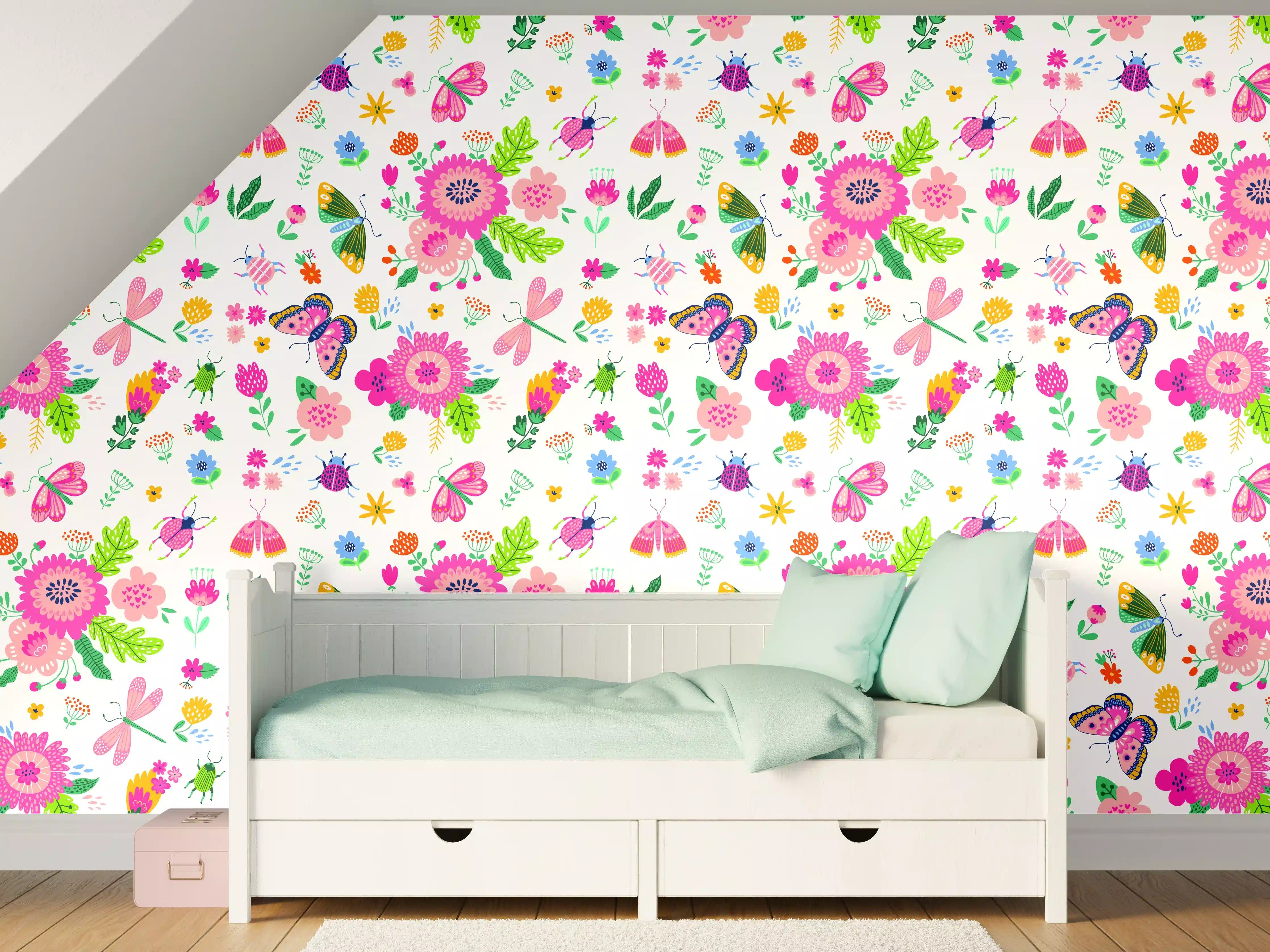 Kinderzimmer Wandgestaltung - Bunte Blumenmuster mit Frühlingsfarben
