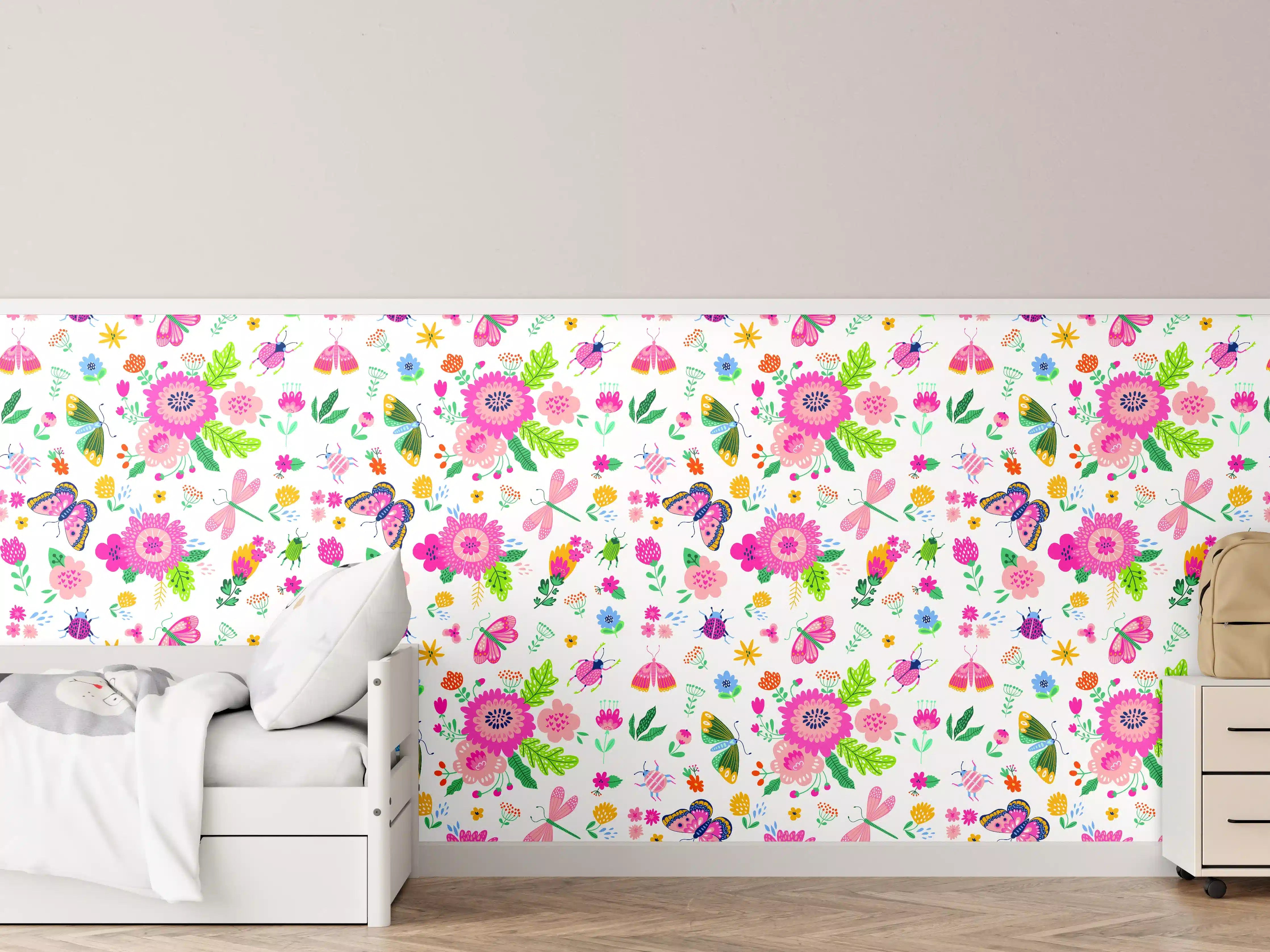 Kinderzimmer Wandgestaltung - Bunte Blumenmuster mit Frühlingsfarben