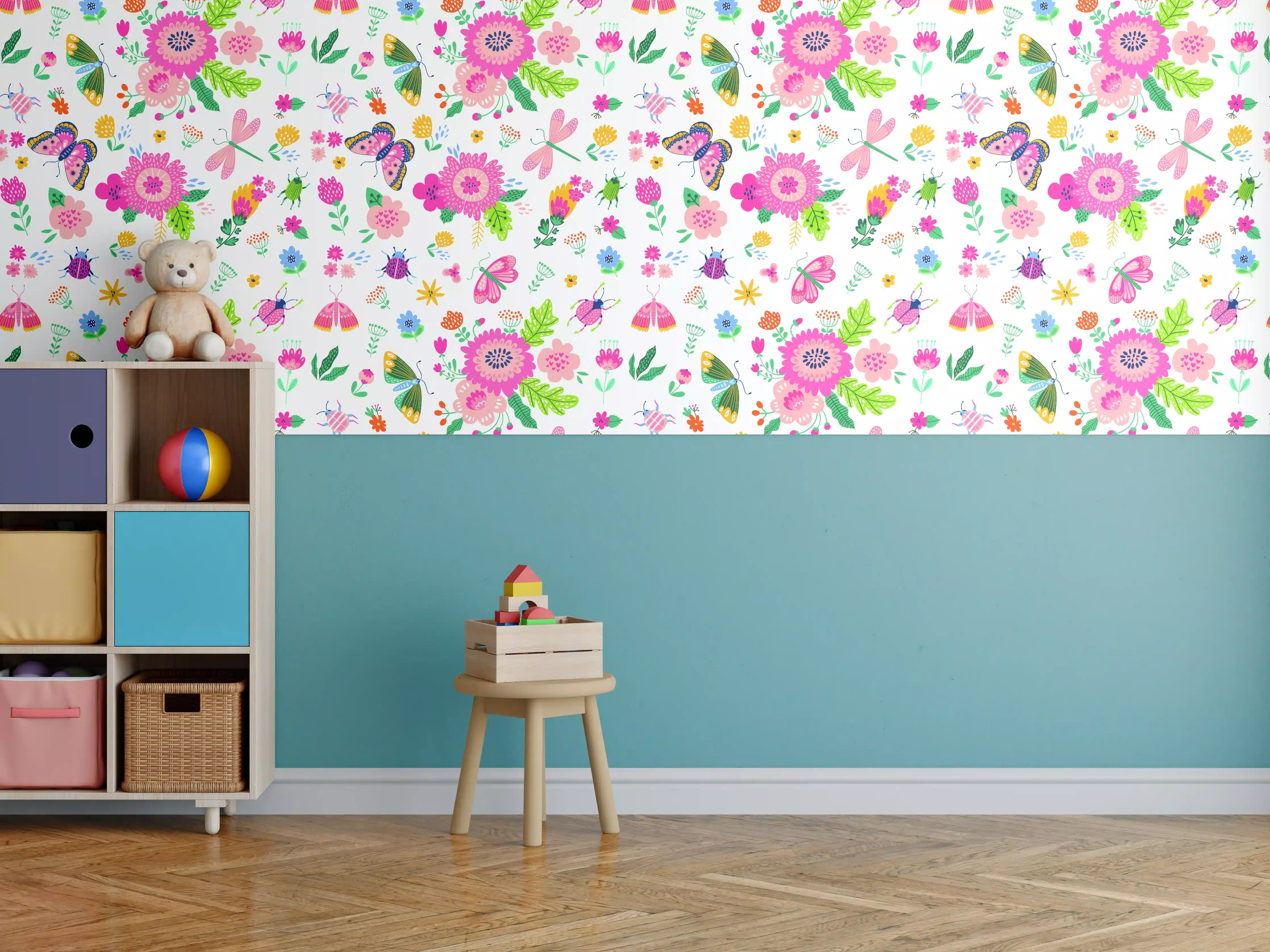 Kinderzimmer Wandgestaltung - Bunte Blumenmuster mit Frühlingsfarben