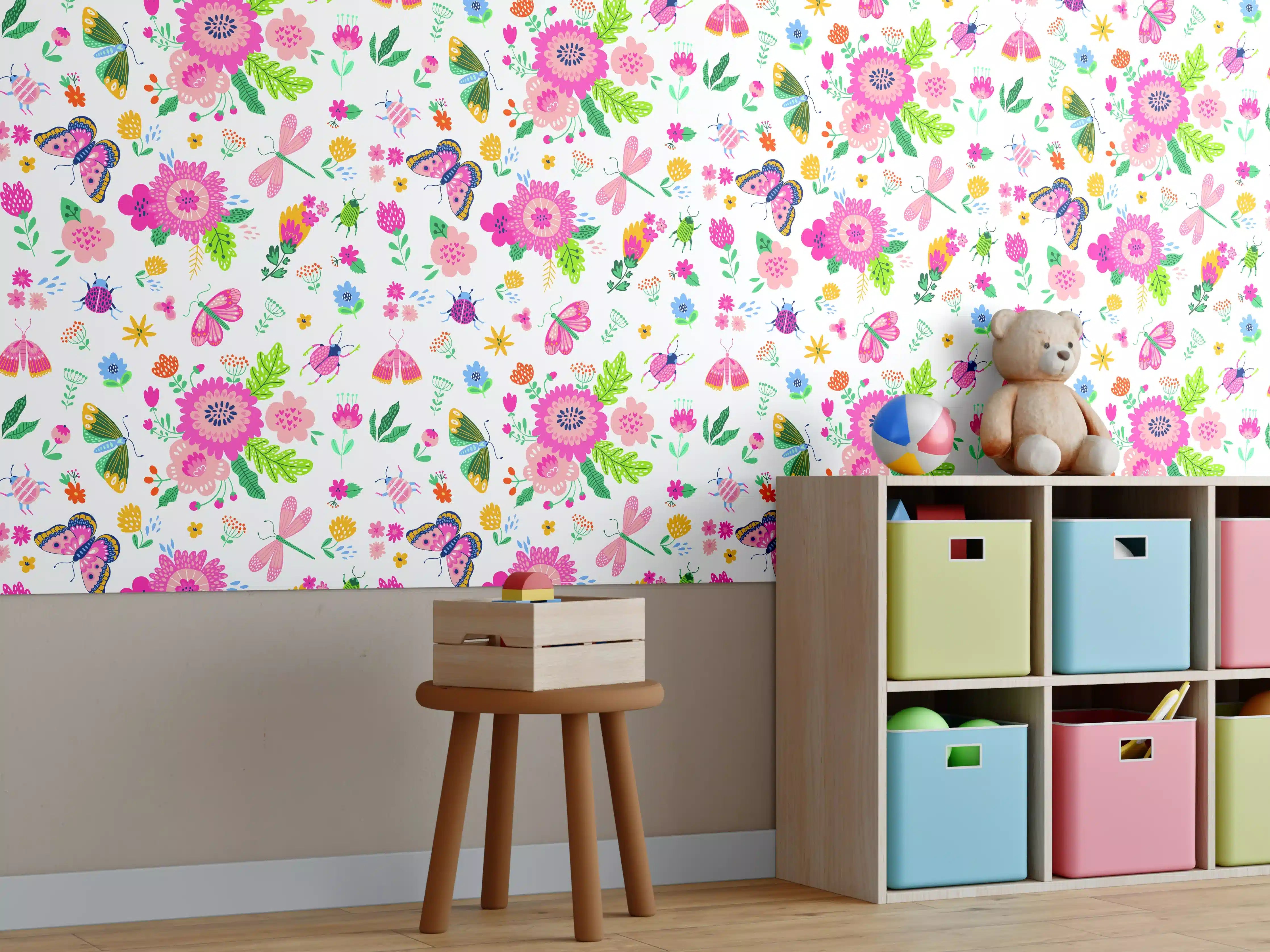 Kinderzimmer Wandgestaltung - Bunte Blumenmuster mit Frühlingsfarben